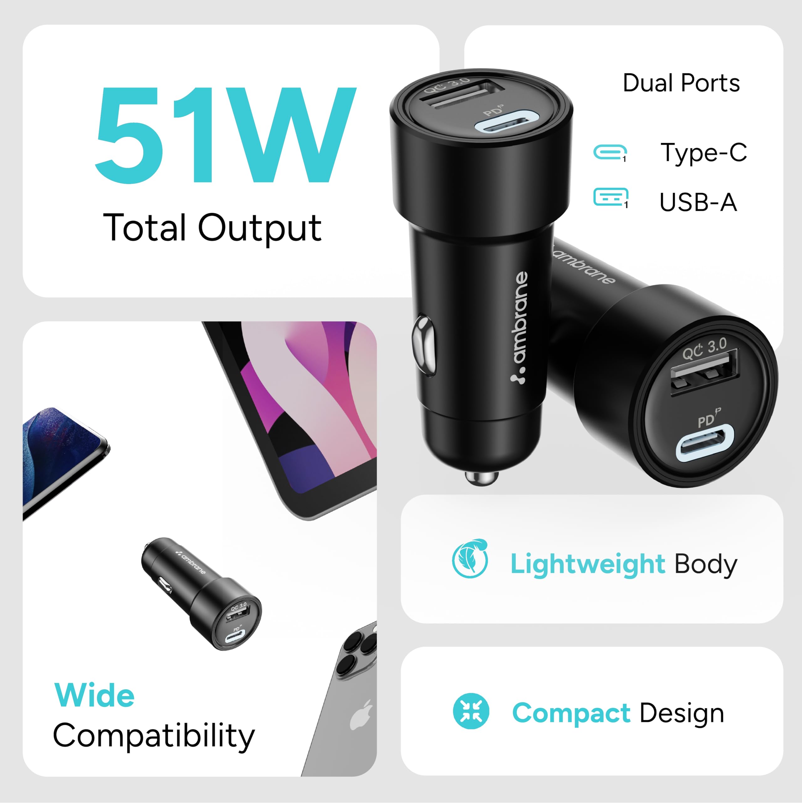 Ambrane 51W Fast Charging Car Charger, Dual Output 33W Type C PD + 18W USB Car Adapter, Quick Charge Car Plug for iPhone, Android, Tablets & More, High-Speed Compact Car Power Charger (Black, C51)