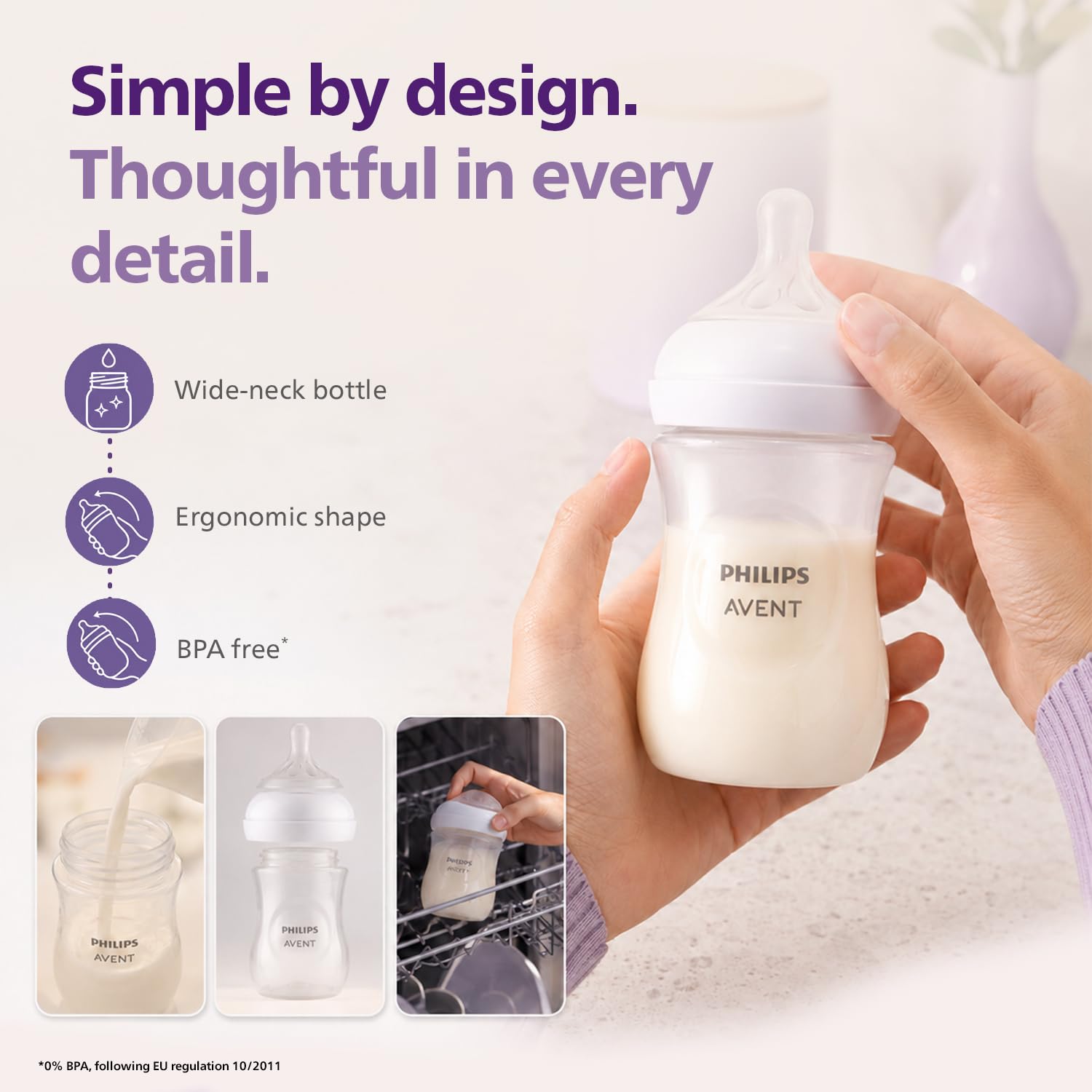 Philips Avent Natural Baby Plastic Feeding Bottle | No.1 Brand Recommended by Moms Worldwide | Ideal for 3-6 months+| Natural Response Technology Mimics Breastfeeding | Uniquely Designed Nipple releases milk only when baby drinks | Pack of 1 | SCY903/01