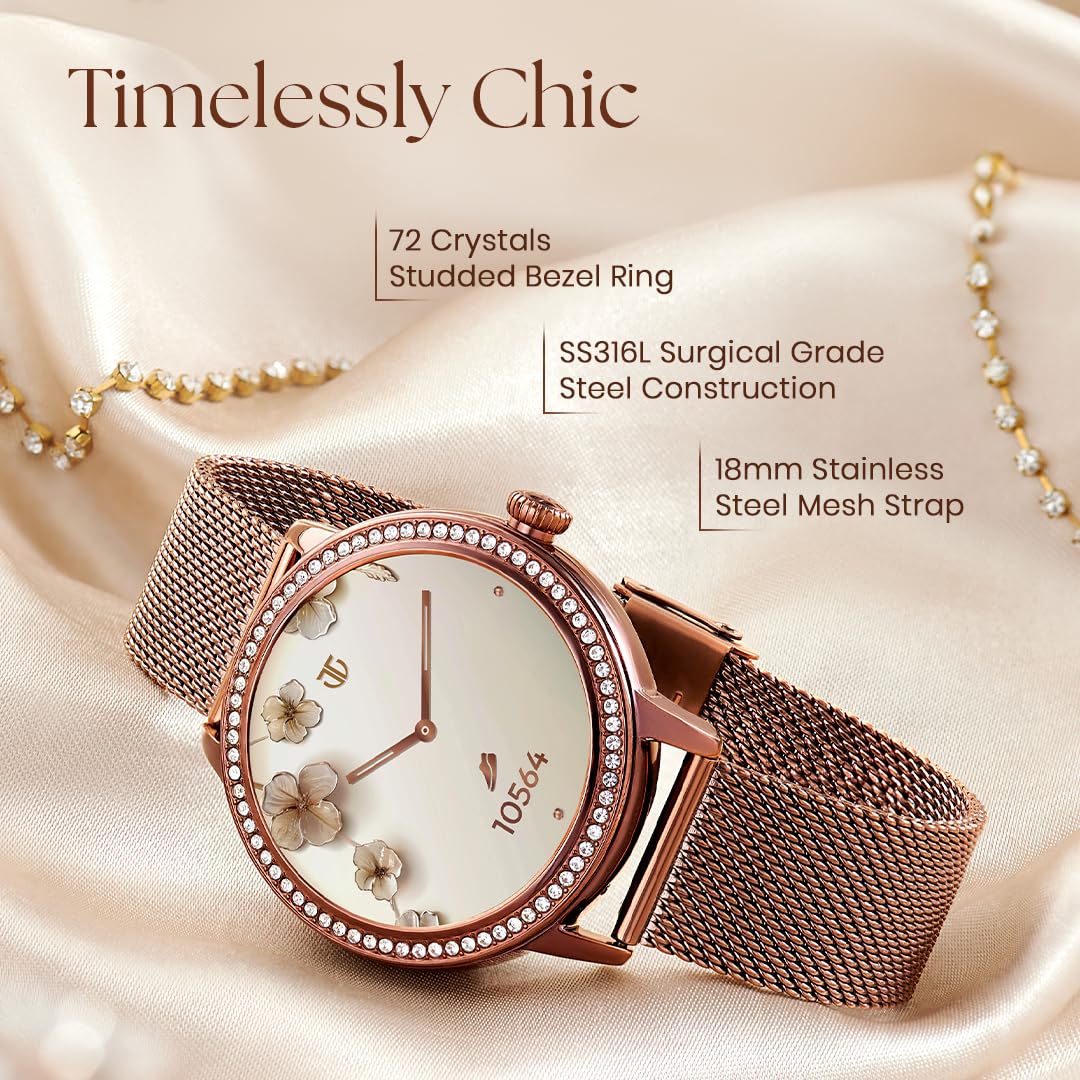 Titan Valerie 1.19" AMOLED Studded Stainless Steel Smart Watch for Women, Next-Gen Chipset, Functional Crown, SOS & BT Calling, Women Wellness Suite, BP & Skin Temp Monitor, Fast Charging (Brown)