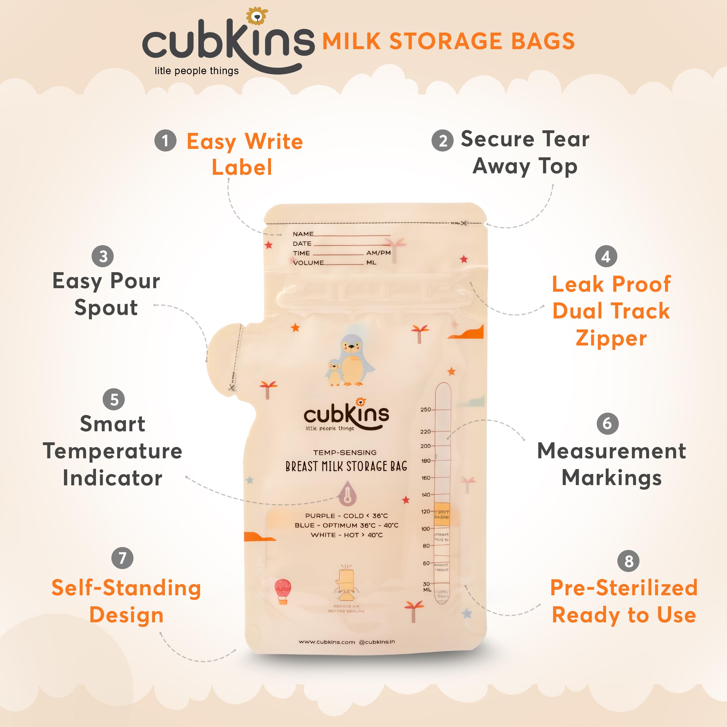 CUBKINS Breast Milk Storage Bags (Pack of 25) | Pre-Sterilized | Smart Temp Sensor | BPA Free | Single Use | Leak Proof Double Zip | Separate Fill & Pour Spouts | 250 ml Capacity | Marker Included