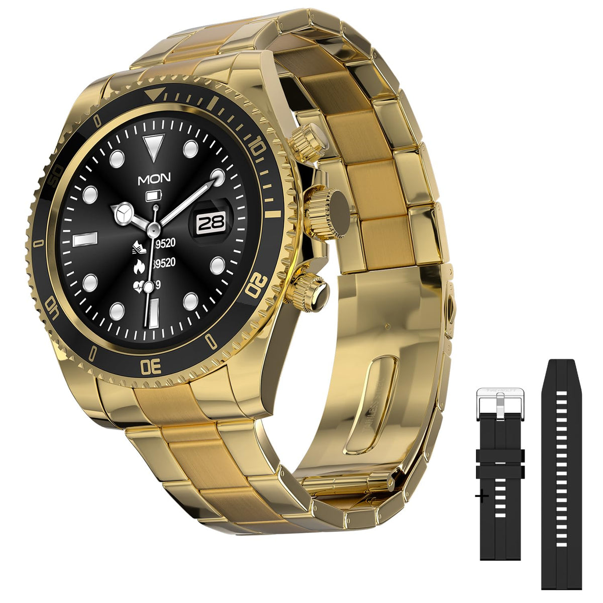 Fire-Boltt Avalanche Stainless Steel Smart Watch With Extra Silicone Strap, 2 Watch Looks - Sporty & Fomal, Bluetooth Calling with 1.28” HD Display, 2 Button Pushers (Gold Black) - Personal Computer from Fire-Boltt - Shop in Sri Lanka at Arcade.lk