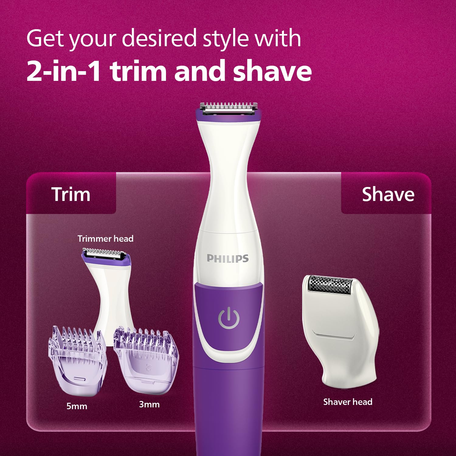 Philips Body Trimmer for Women BRT383/15, Skin Safe with Rounded Tips, 2in1 Trim or Shave, Hair Removal for Intimate Areas, Arms, Legs & Body, No Skin Irritation, Travel Friendly