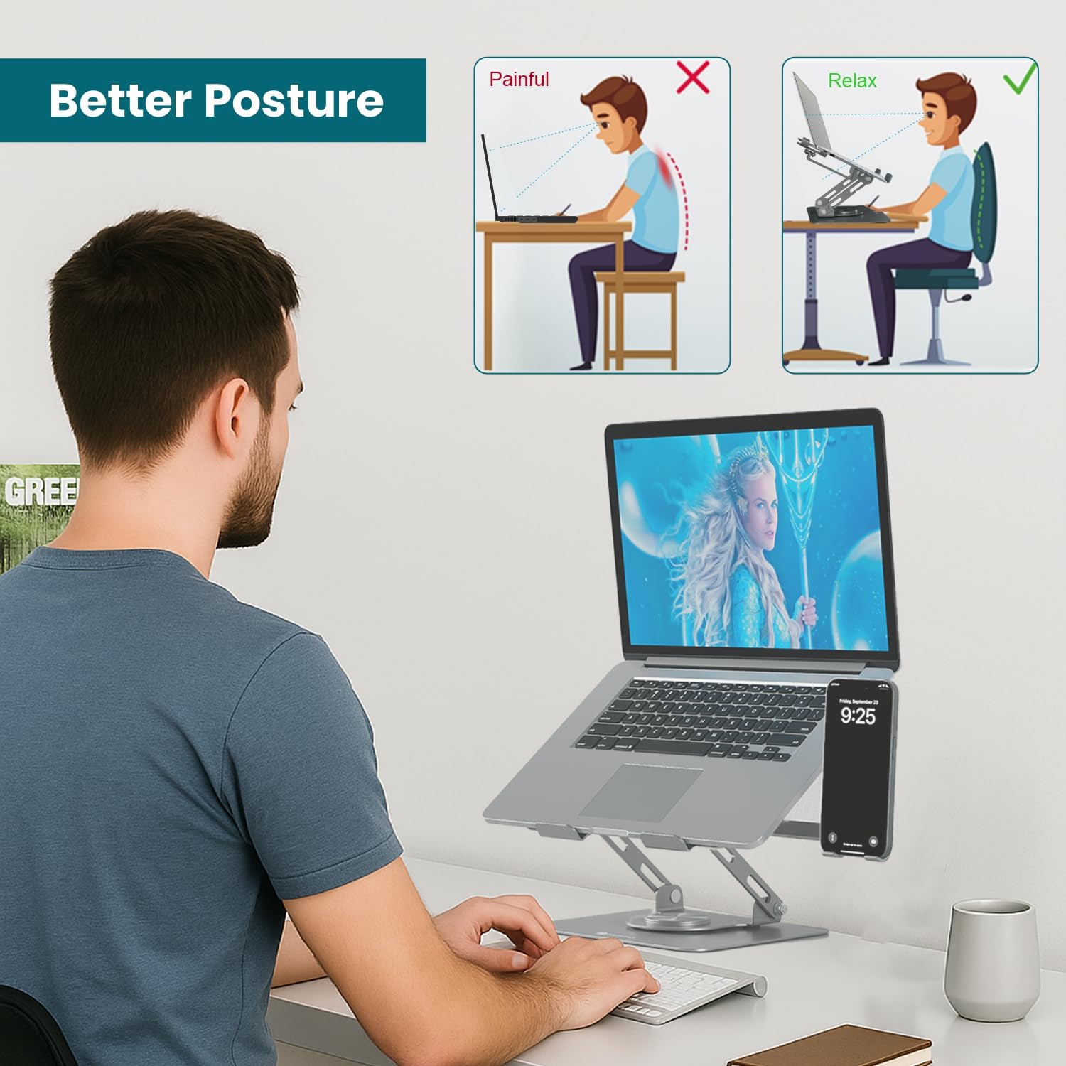 Portronics My Buddy K9 Pro 2-in-1 Laptop & Phone Stand with 360° Rotating Base, Adjustable Height & Angle, Foldable Metal Design, Heat Dissipation, Universal Fit for 10–15.6” Laptops