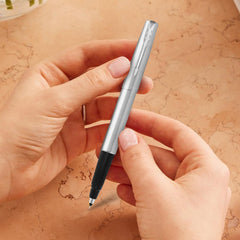 Parker Frontier Stainless Steel Chrome Trim Roller Ball Pen | Ink Color Blue | Ultra Fine Navigator Technology Refill | Smooth Writing Pen for Students, Writers, and Professionals