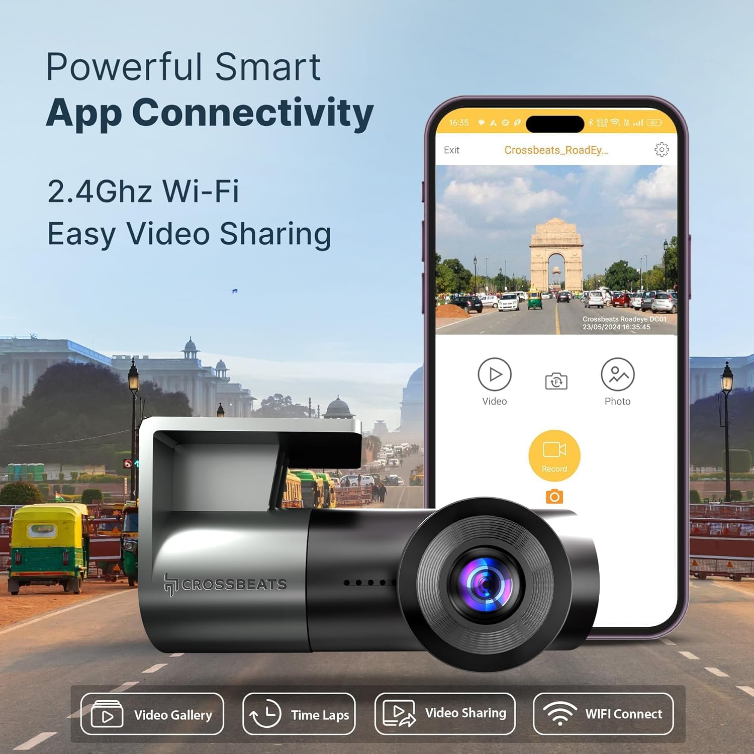 Crossbeats RoadEye Neo 2025 Launch Dash Camera for Car | WiFi & APP | 2MP FHD 1080p 170° Wide Angle Dashcam for Car | 360° Front Camera | Night Vision cam | G-Sensor | Loop & Audio Recording
