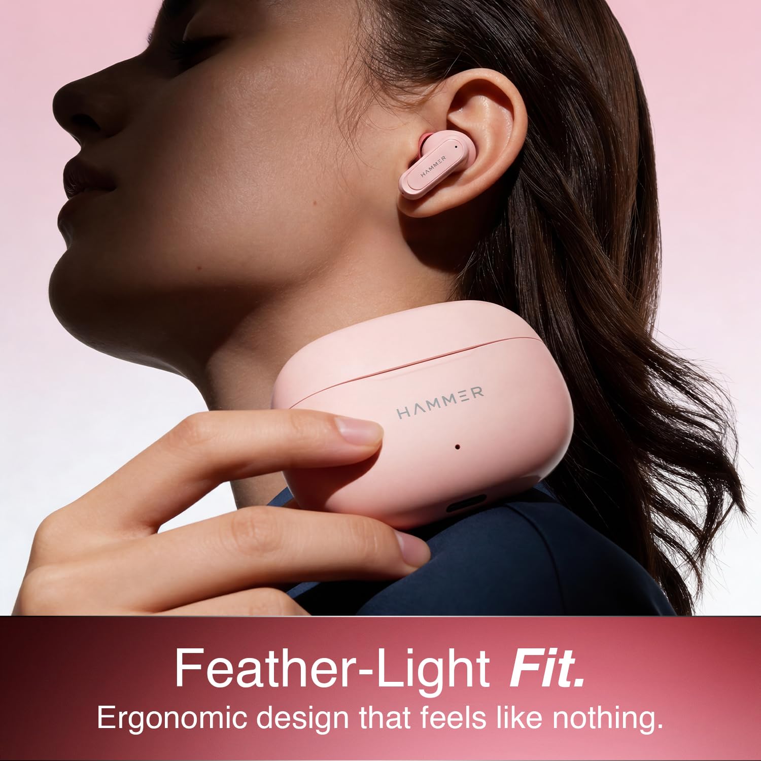 HAMMER Airflow Neo Bubblegum Earbuds with 80H Playtime, 13mm Titanium Driver, 40ms Gaming Mode, Fast Charging Buds, Type-C Charging, Voice Assistant, Lightweight Dual-Tone Design (Pink)