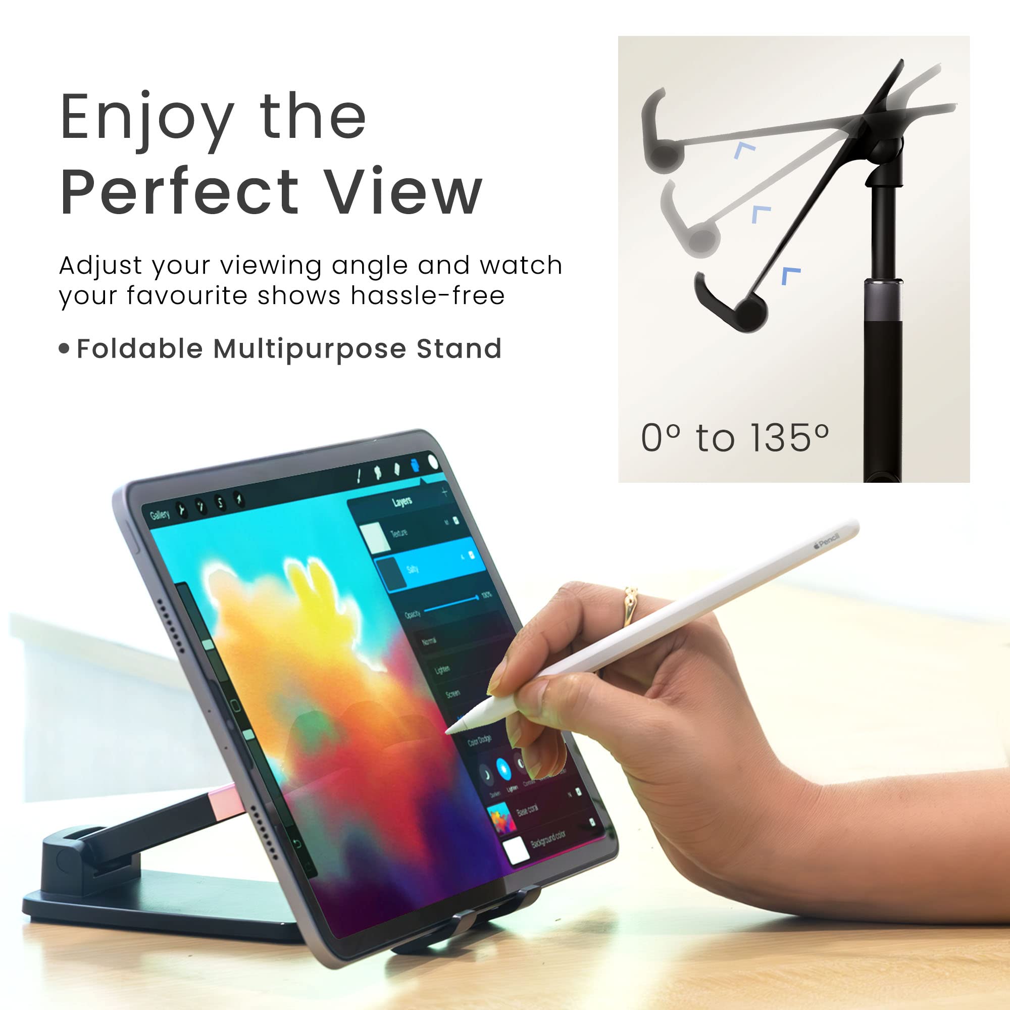 Ambrane Tablet & Mobile Holder for All Smartphones, Tabs, Kindle, iPad Mobile Holding Tabletop Stand, Height Adjustment, Foldable Design, Multipurpose, Anti-Skid Design (Twistand +, Black)