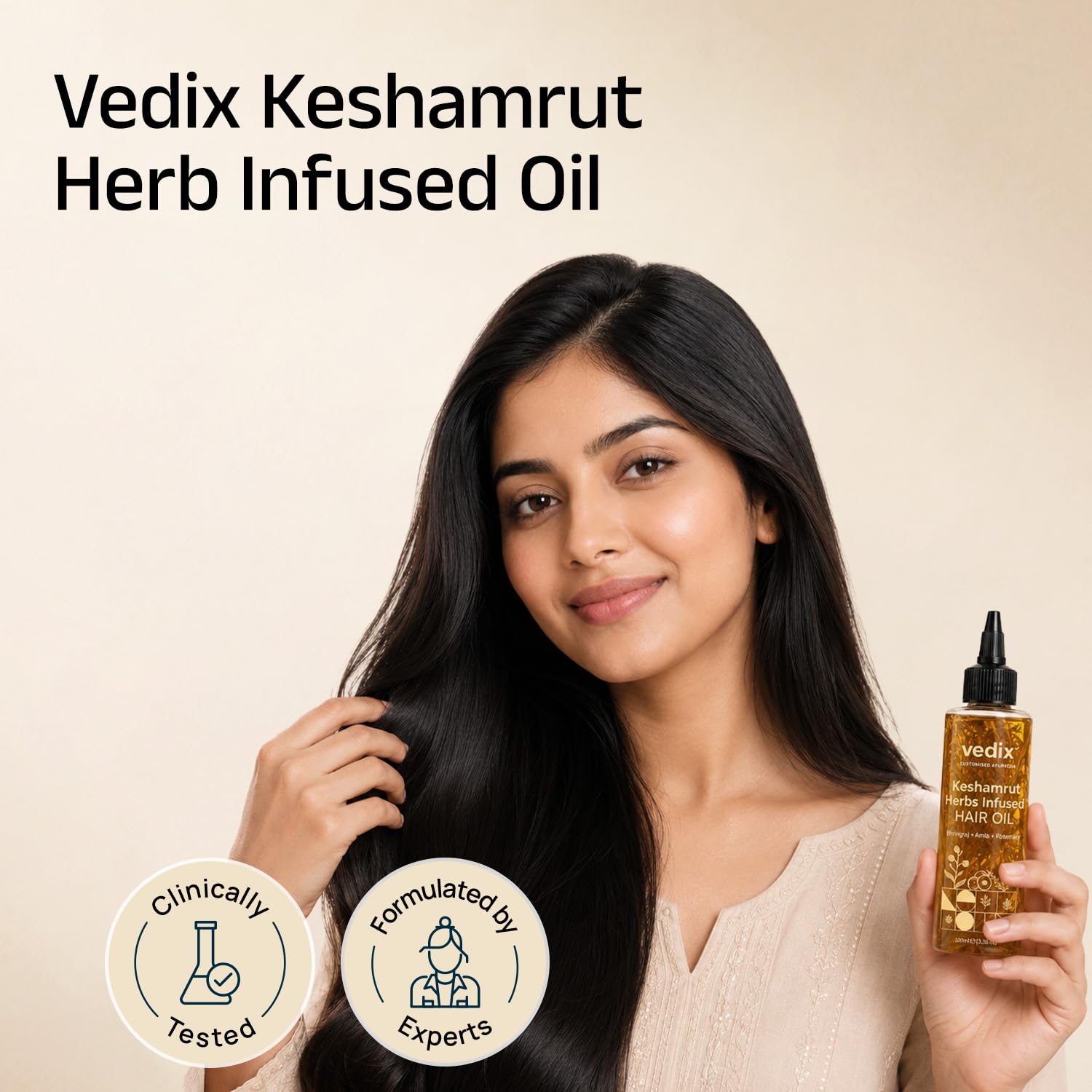 Vedix Keshamrut Herbs Infused Ayurvedic Hair Oil With Bhringraj, Amla & Rosemary I Control Hair Fall & Boost Hair Growth I 16+ Whole Herbs, Leaves & Flowers I For Men & Women I No Mineral Oils & Chemicals (100ml)