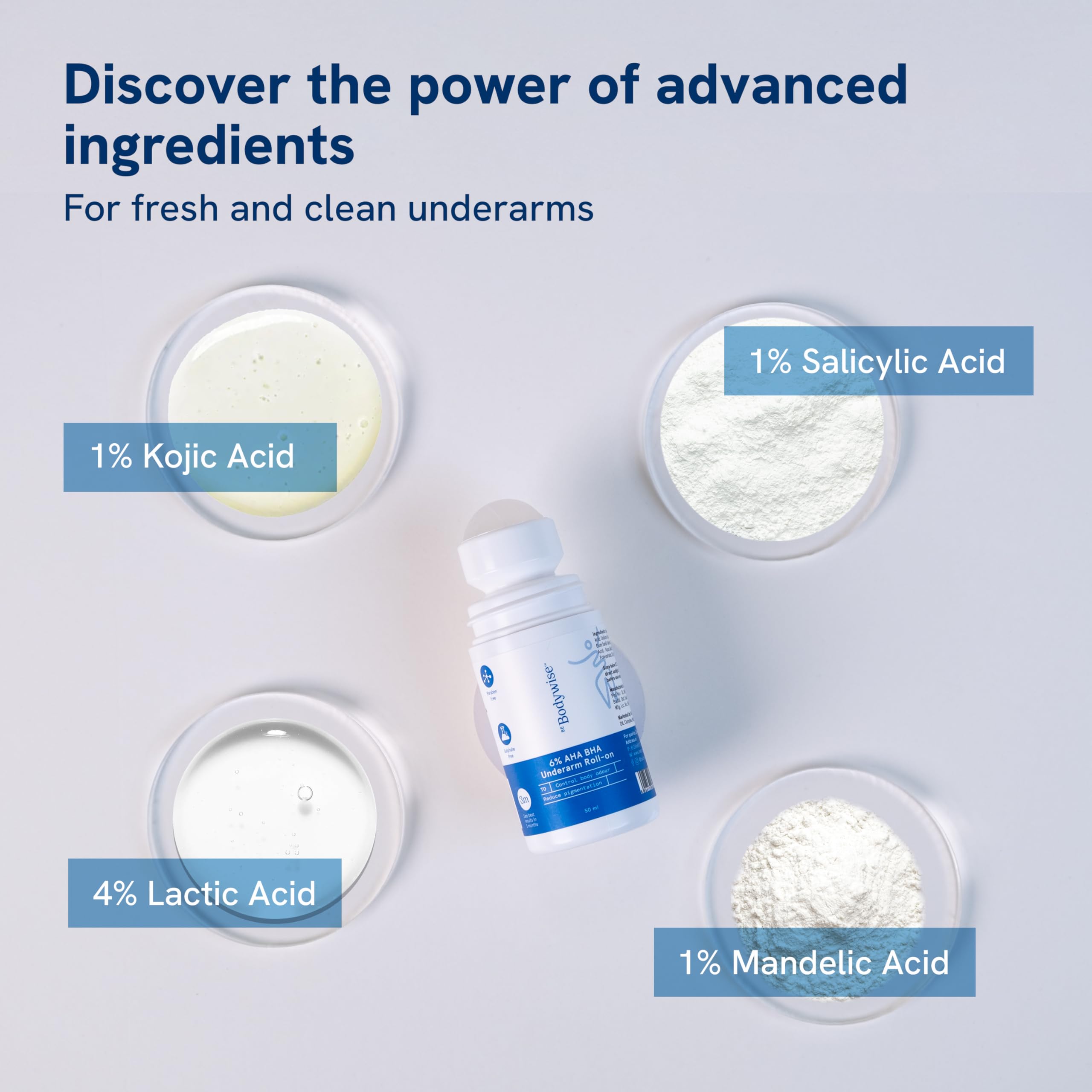 Be Bodywise 6% AHA BHA Underarm Roll On Deodorant | Flora Fragrance | With 1% Mandelic Acid, 4% Lactic Acid,1% Salicylic acid & Kojic Acid | Prevents Odour, Anti Pigmentation, Anti Bacteria | 50ml