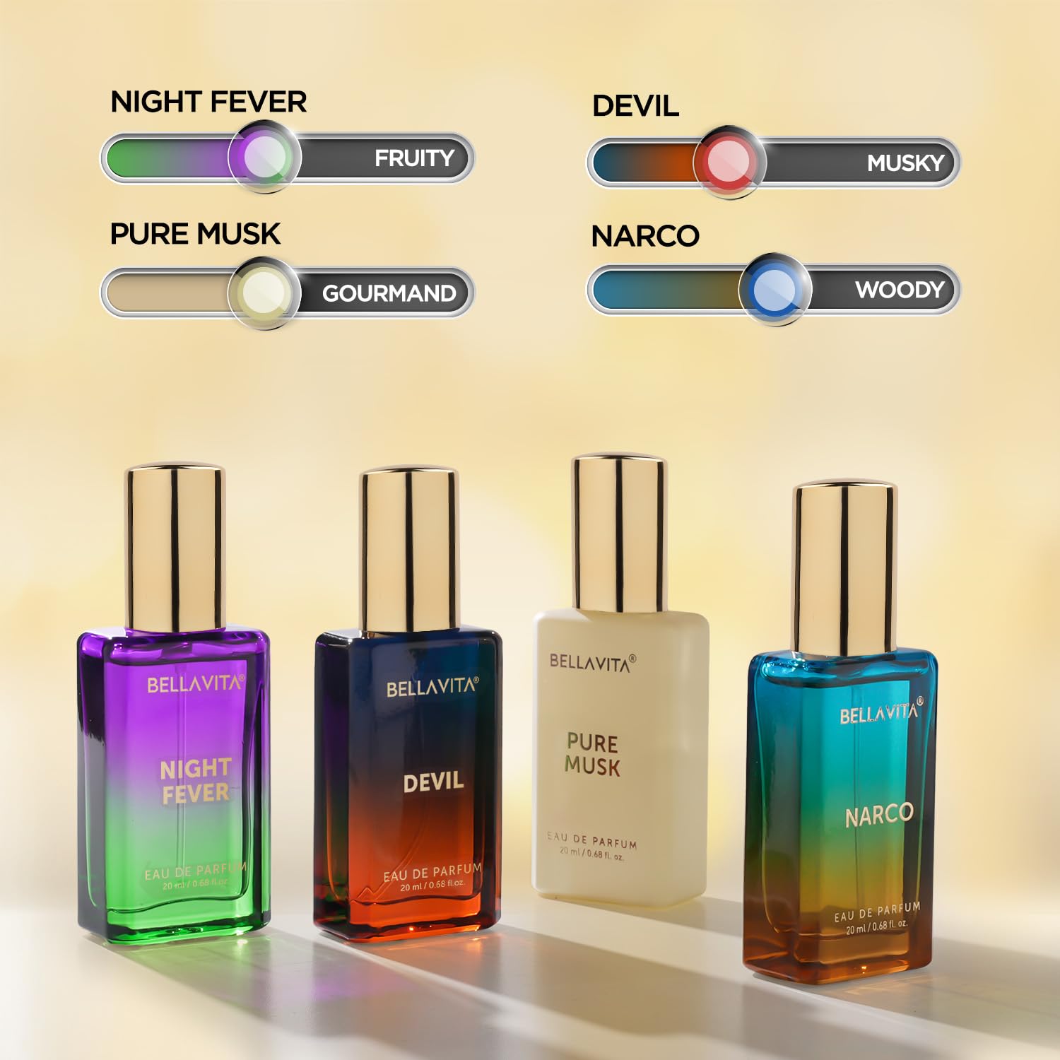 BELLAVITA Unisex Scents | Long Lasting Perfume Gift Set for Man and Woman | EDP 4x20ML | Bergamot, Vanilla, Cedar and Sandalwood | Woody, Musky Long Lasting Premium Fragrance