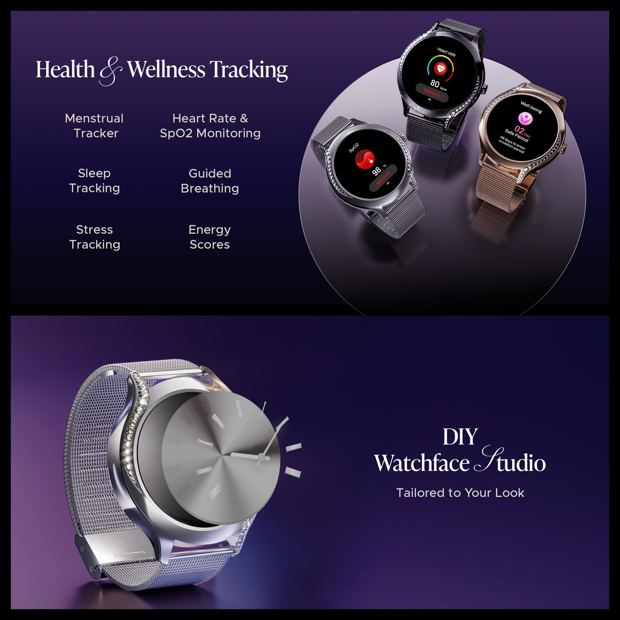 boAt Enigma Gem Women's Luxury Smart Watch w/ 1.19” (3.02cm) AMOLED Display, Emergency SOS Live Location Sharing, Watch Face Studio, QR Tray, BT Calling, 700+ Active Mode, HR & SpO2 (Metallic Silver)