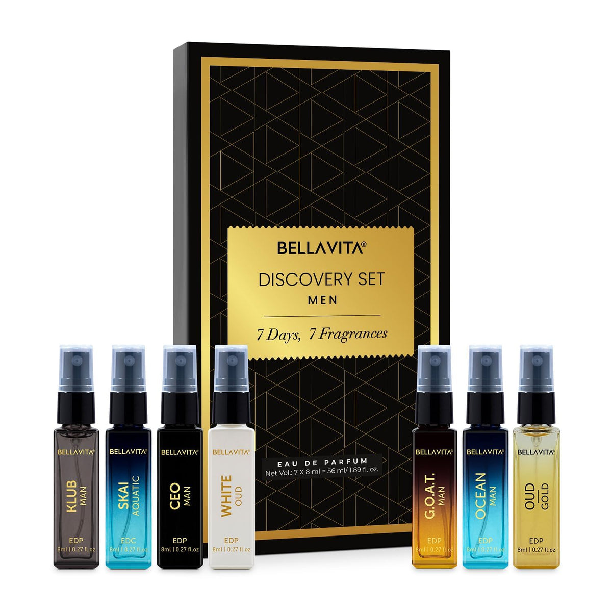 BELLAVITA Discovery | Long Lasting EDP 7x8ml Perfume Gift Set for Man | Woody, Oud and Fresh Premium Fragrance for Men | Ideal for Every Moment