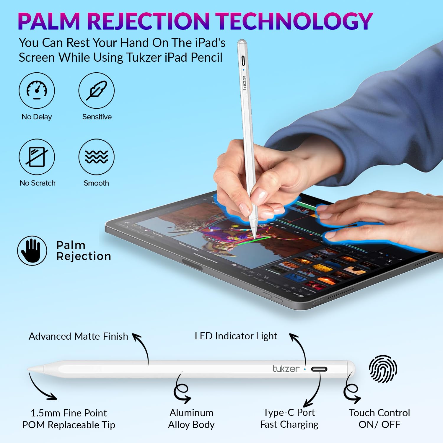 Tukzer Active 2nd Gen Stylus Pen iPad Pencil | Palm Rejection, Tilt Sensor, High Precision| for only iPad 2018 Onwards iPad(6/7/8/9/10) Air(3/4/5) Pro11(1/2/3/4) Pro12.9 (3/4/5/6) Mini(6/5) White - Personal Computer from Tukzer - Shop in Sri Lanka at Arcade.lk