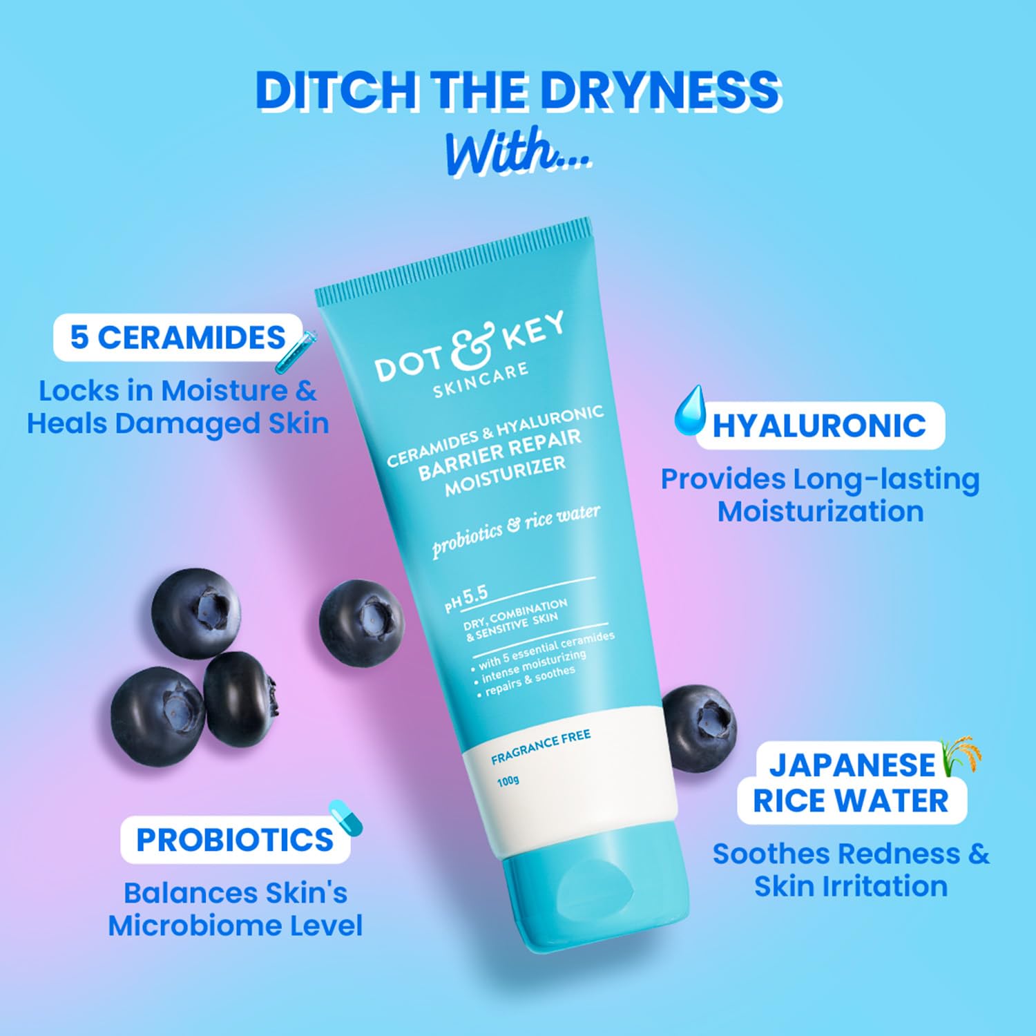 Dot & Key Ceramides Moisturizer with Hyaluronic for Intense Moisturizing and Skin Strengthening | With Probiotic & Rice Water I Barrier Repair Cream | For Dry Skin, Normal & Sensitive Skin | 100g