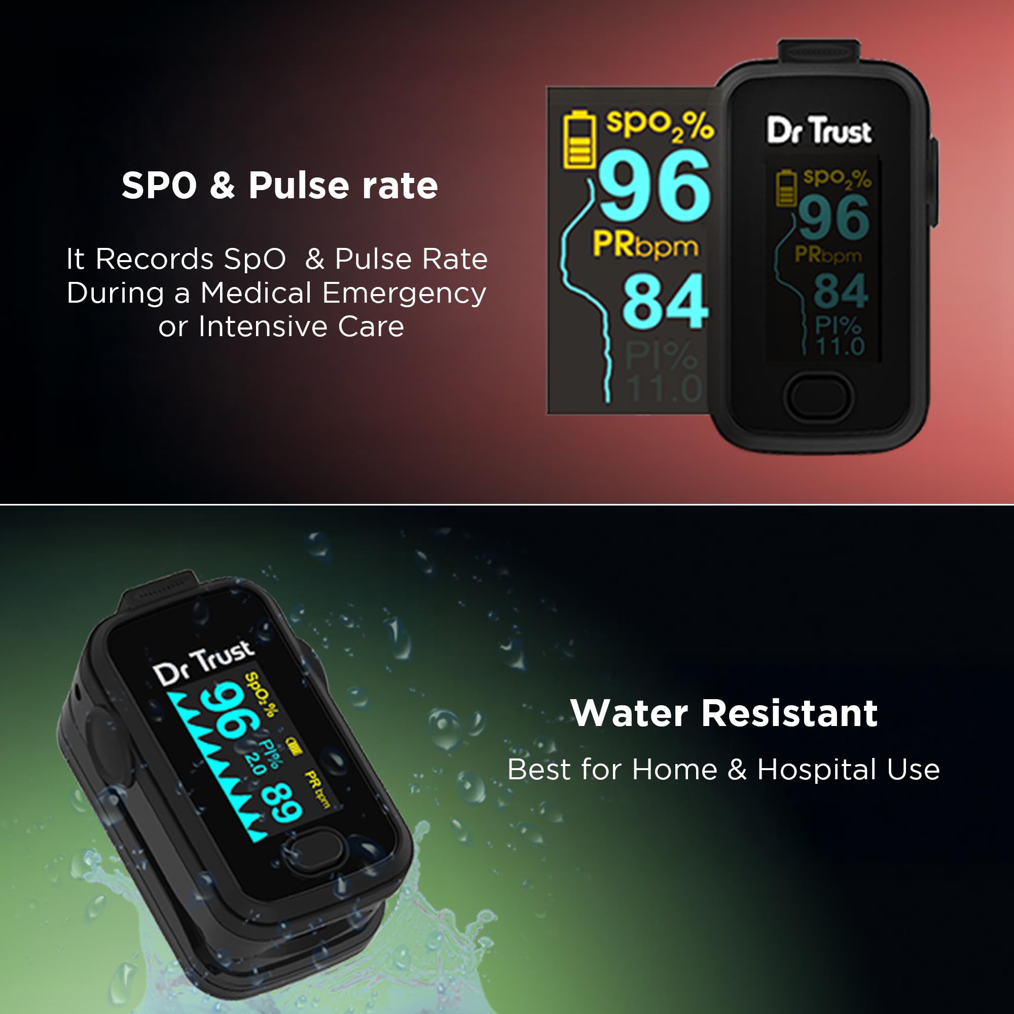 Dr. Trust pulse oximeter with display of SpO and Pulse Rate, water resistant feature highlighted.