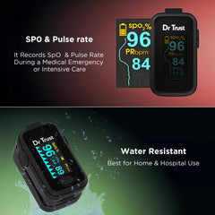 Dr. Trust pulse oximeter with display of SpO and Pulse Rate, water resistant feature highlighted.