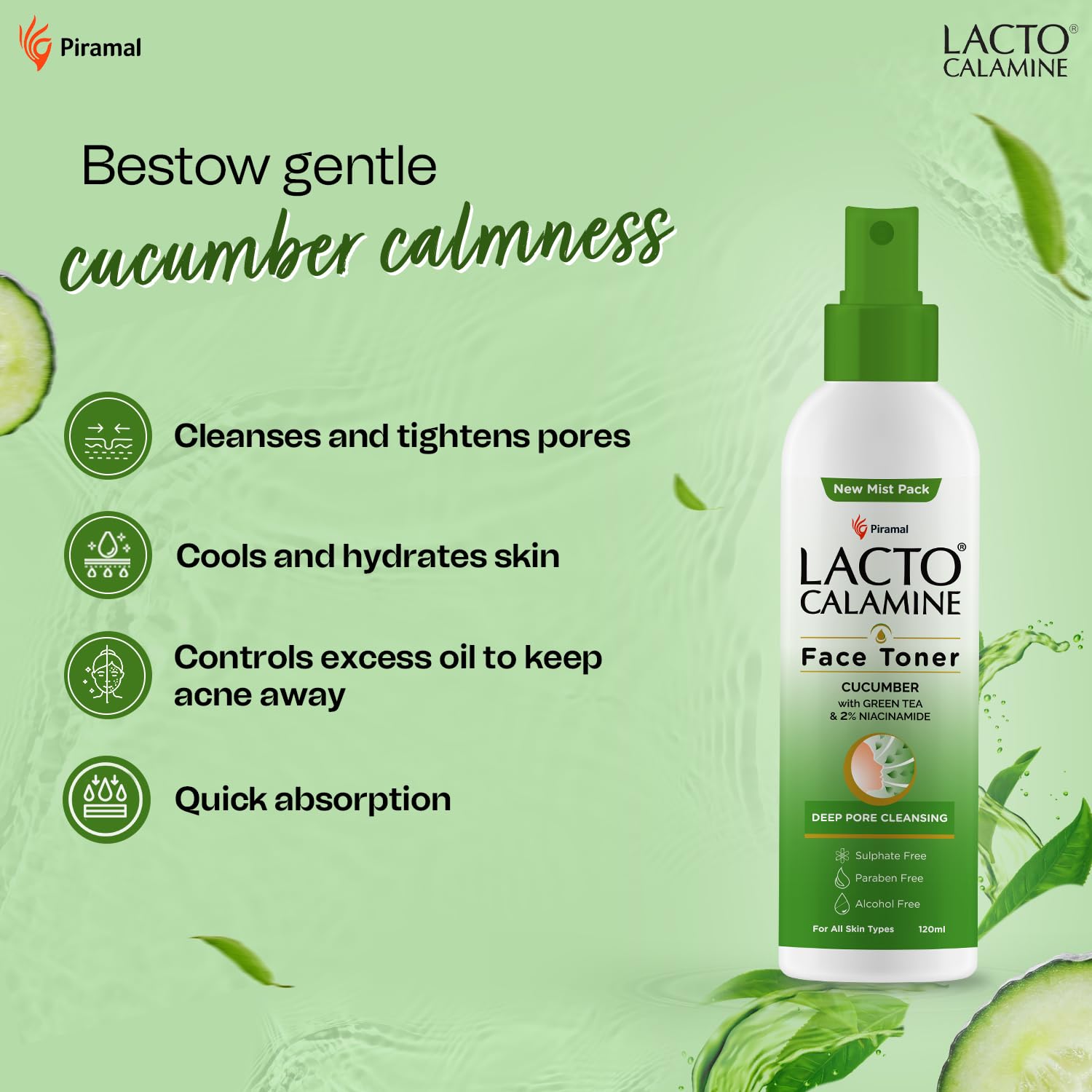 Lacto Calamine Face Toner With Cucumber | 120ml | Deep Pore Cleansing | Open Pores Tightening with Green Tea & 2% Niacinamide For Cool & Hydrated Skin | No Sulphate, Alcohol, Parabens