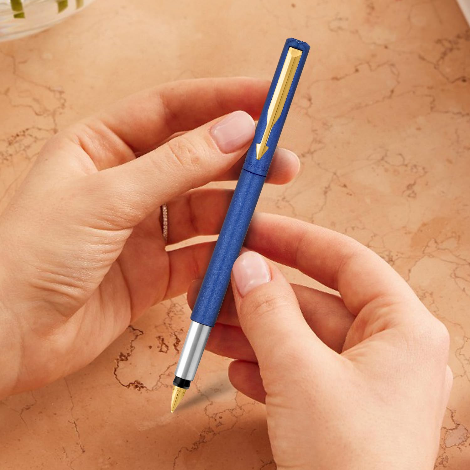 Parker Vector Standard Gold Trim Fountain Pen| Metallic Blue Body Colour| Ink Colour – Blue