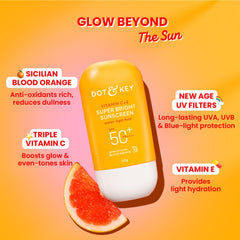 Dot & Key Vitamin C + E Super Bright Sunscreen In-Vivo Tested SPF 50+ PA++++ With New-Age UV Filters, Water-Light Fluid, Boosts Glow, Reduces Dullness & Dark Spots, Checks Tanning, No White Cast, 80g