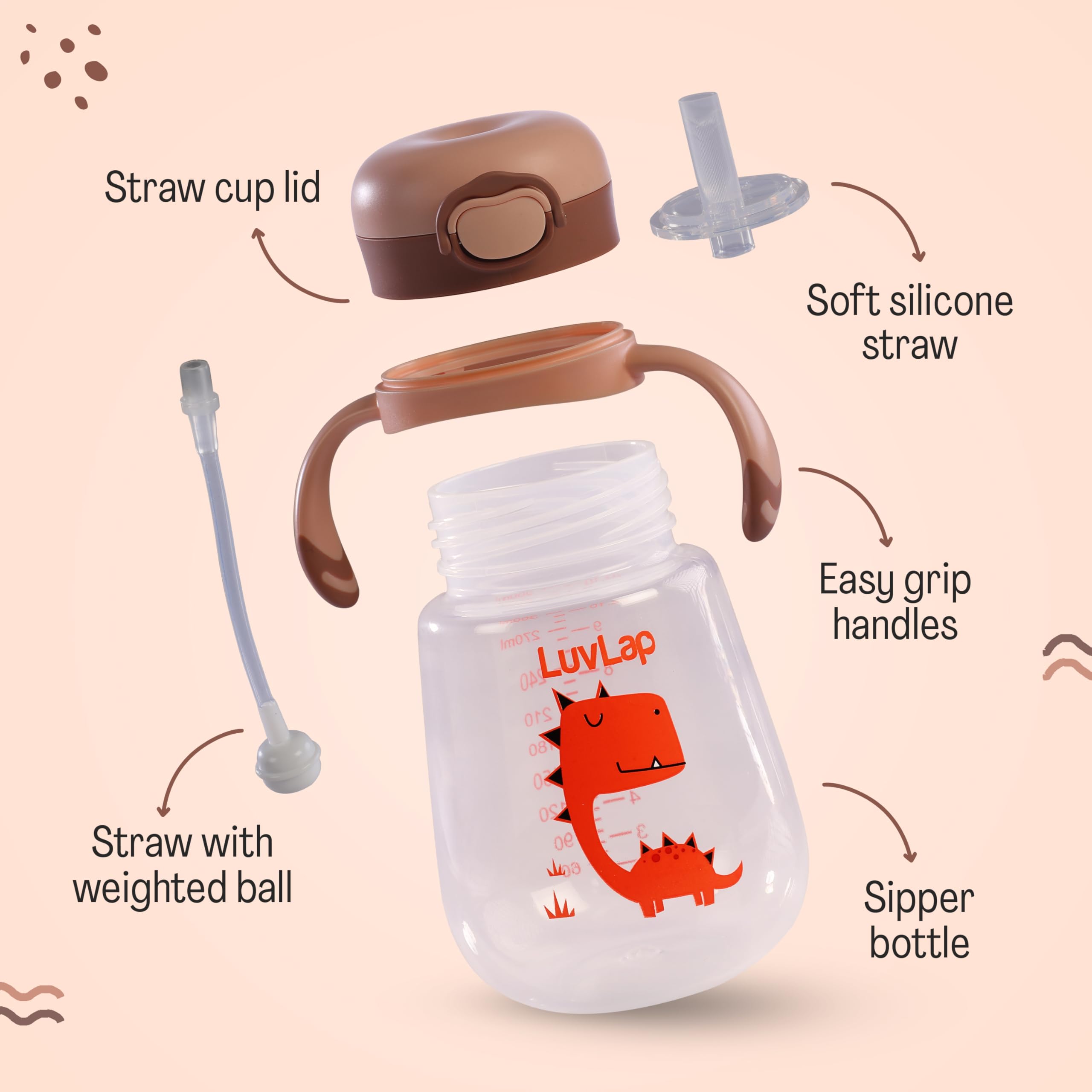 LuvLap Kids Bite Resistant Soft Silicone Straw Sipper Cup with Handle, with Weighted Straw, Sippy Cup with Anti Spill Lock, BPA Free,1 Year +, 300 ml, Brown