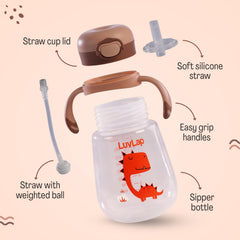 LuvLap Kids Bite Resistant Soft Silicone Straw Sipper Cup with Handle, with Weighted Straw, Sippy Cup with Anti Spill Lock, BPA Free,1 Year +, 300 ml, Brown