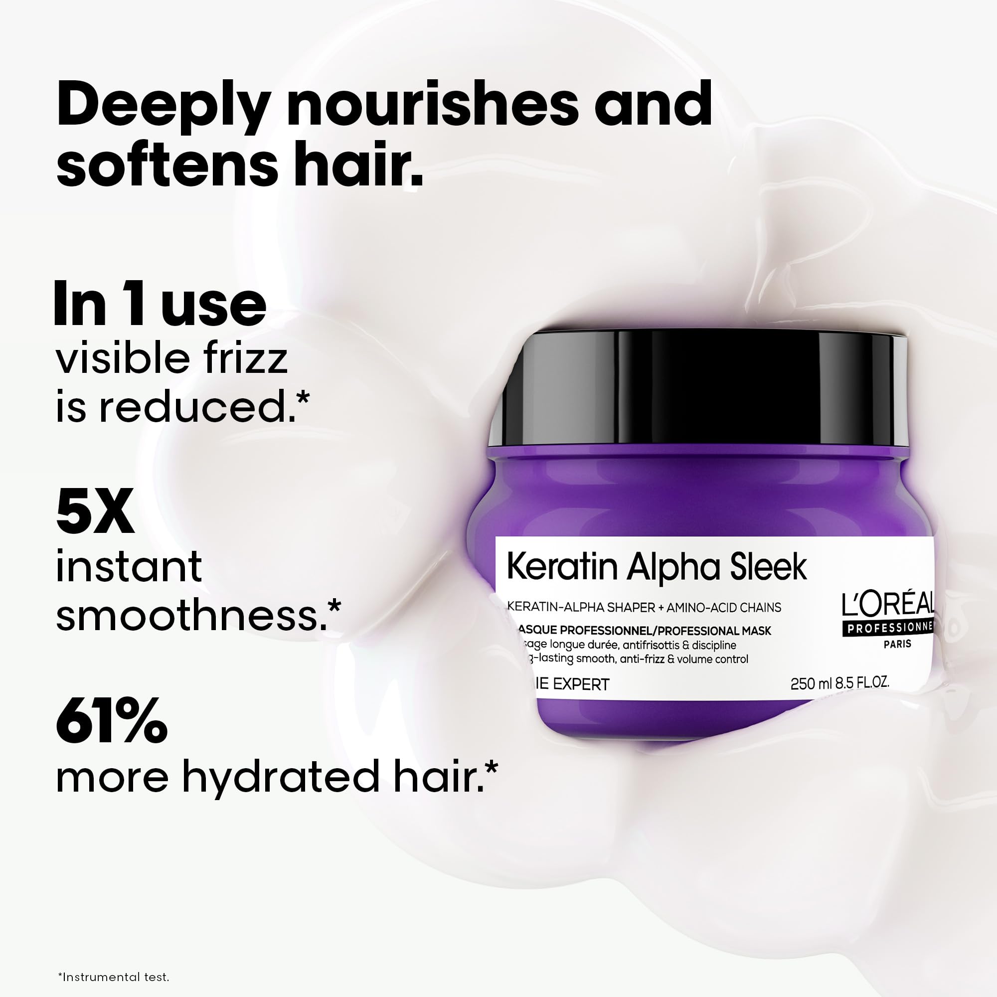 L’Oréal Professionnel Keratin Alpha Sleek Hair Mask for Frizz Control & Smoothness | 84% Less frizz, 5X Instant smoothness | 250 ml