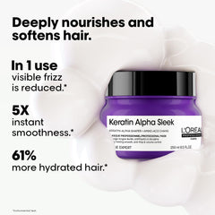 L’Oréal Professionnel Keratin Alpha Sleek Hair Mask for Frizz Control & Smoothness | 84% Less frizz, 5X Instant smoothness | 250 ml
