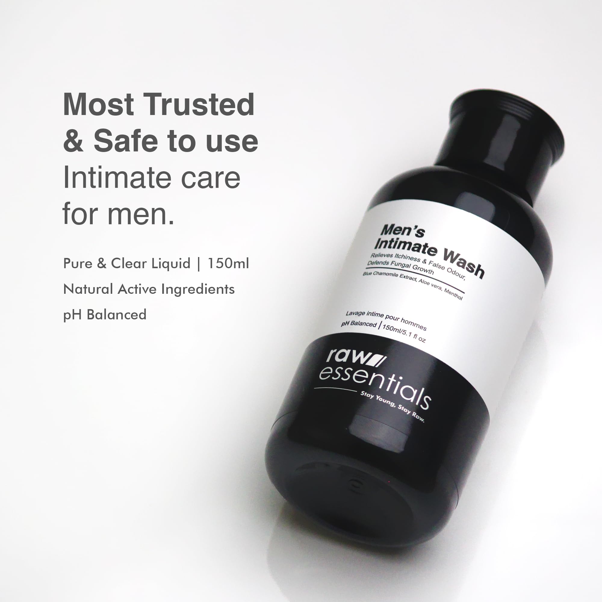 Raw Essentials Intimate Wash for Men 150 ml, Relieves Itchiness & Odour, Prevents Fungal Growth, Brightens Groin Area, pH Balanced, Sulphate Free, Paraben Free
