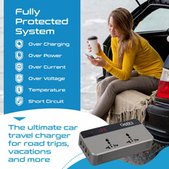 Ceptics 200W Car Laptop Charger/Power Inverter with 2 USB(3.1A Max) + 1 C Type(1 * 18W PD) Smart USB Charging Ports, 12V DC to 220V AC, 2X Universal AC Outlet, Grey