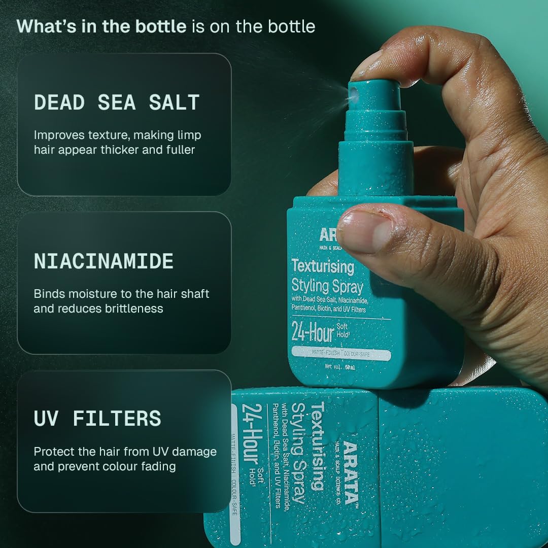 Arata Volumizing Sea Salt Hair Spray | Niacinamide & Biotin | Long-lasting Soft Hold | Matte Finish | Beachy Waves | Drying Alcohol-Free | Derma-Tested | 50 ML