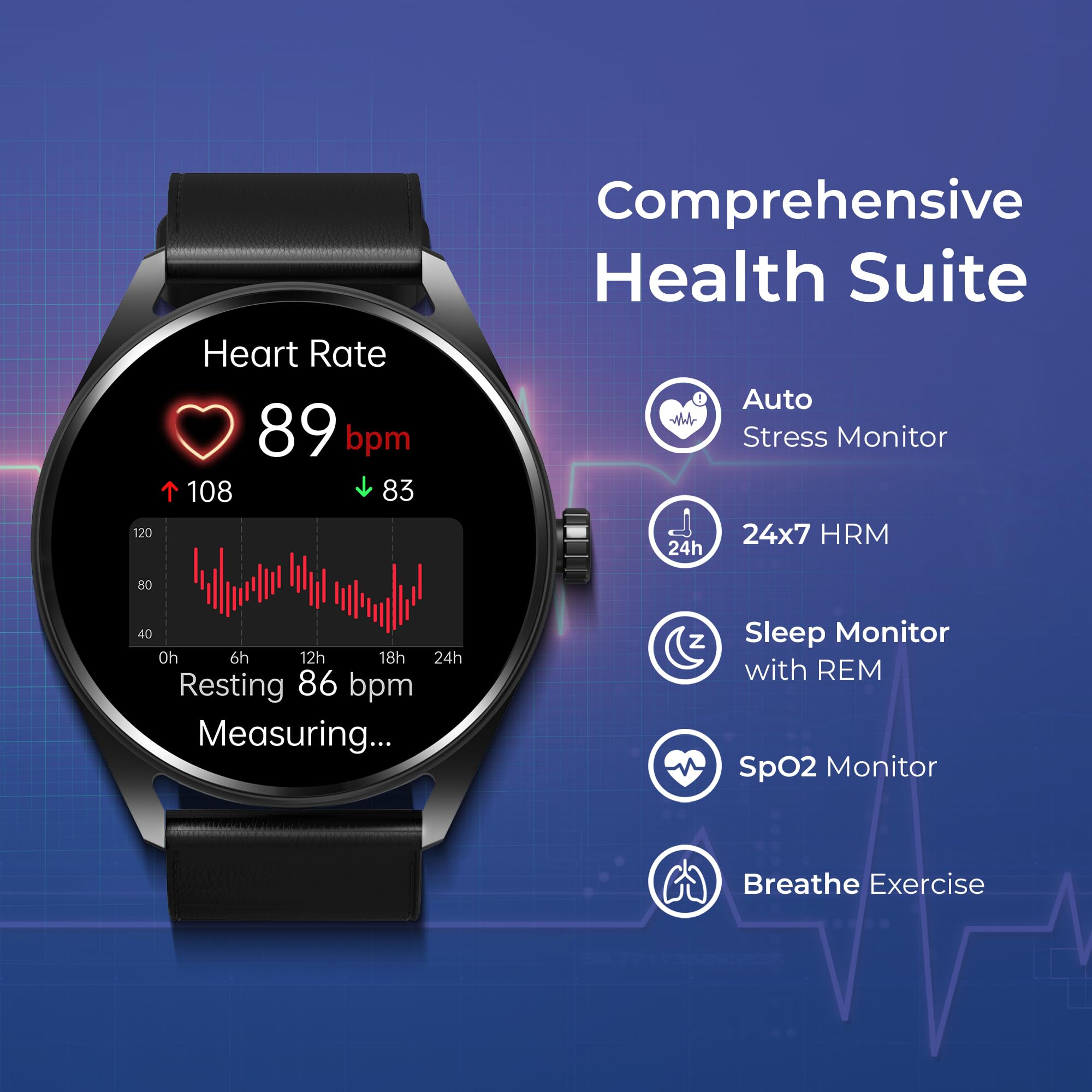 Titan Crest 1.43” AMOLED Smart Watch with BT Calling, AI Morning Briefs, Functional Crown, Health Tracking, Aluminium Body, 100+ Sports Modes, Smartwatch for Men and Women - Black Silicone Strap