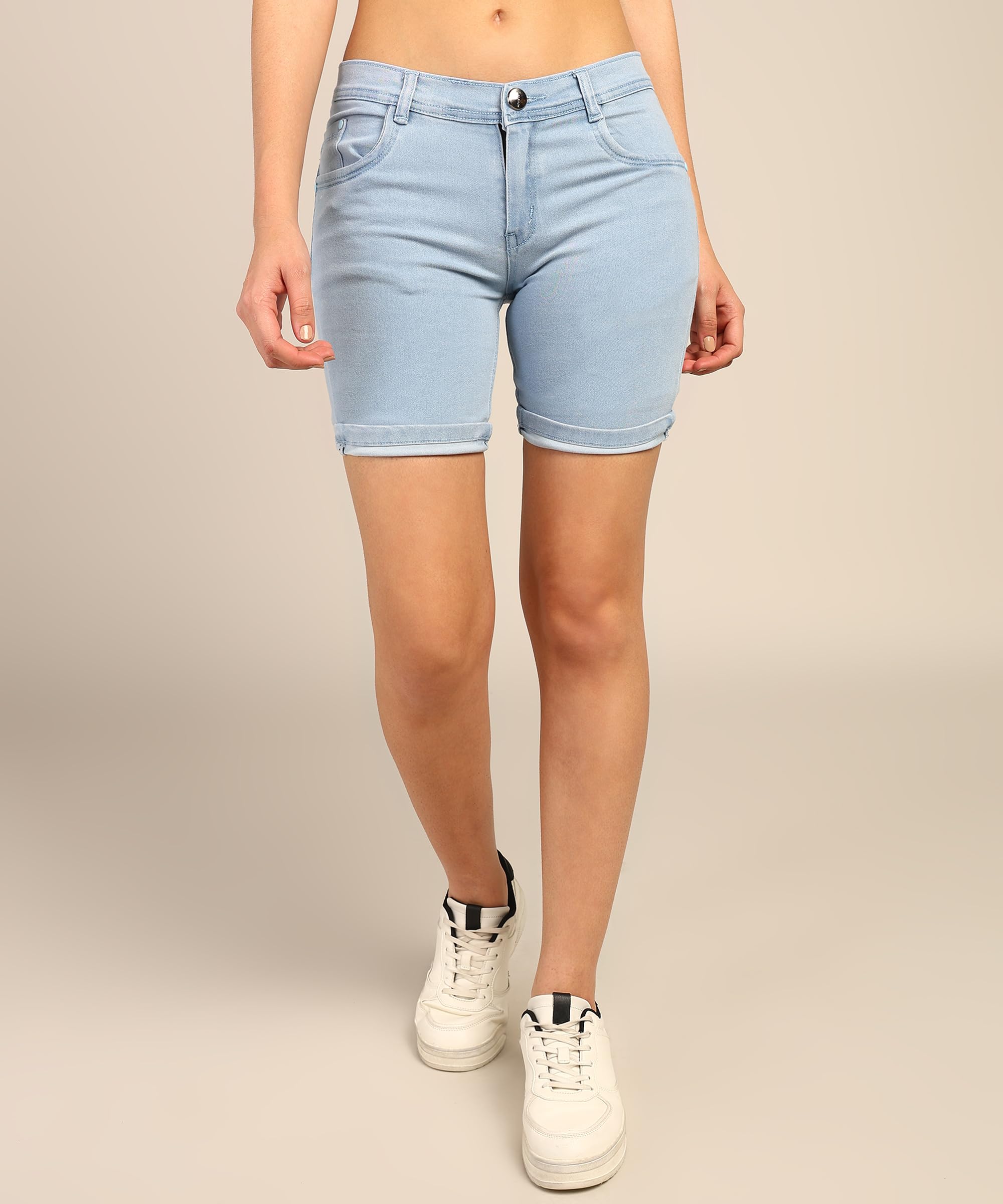 Women's Denim Stretchable Slim Fit Shorts (Short_PLN_ICE_34_SkyBlue_34)