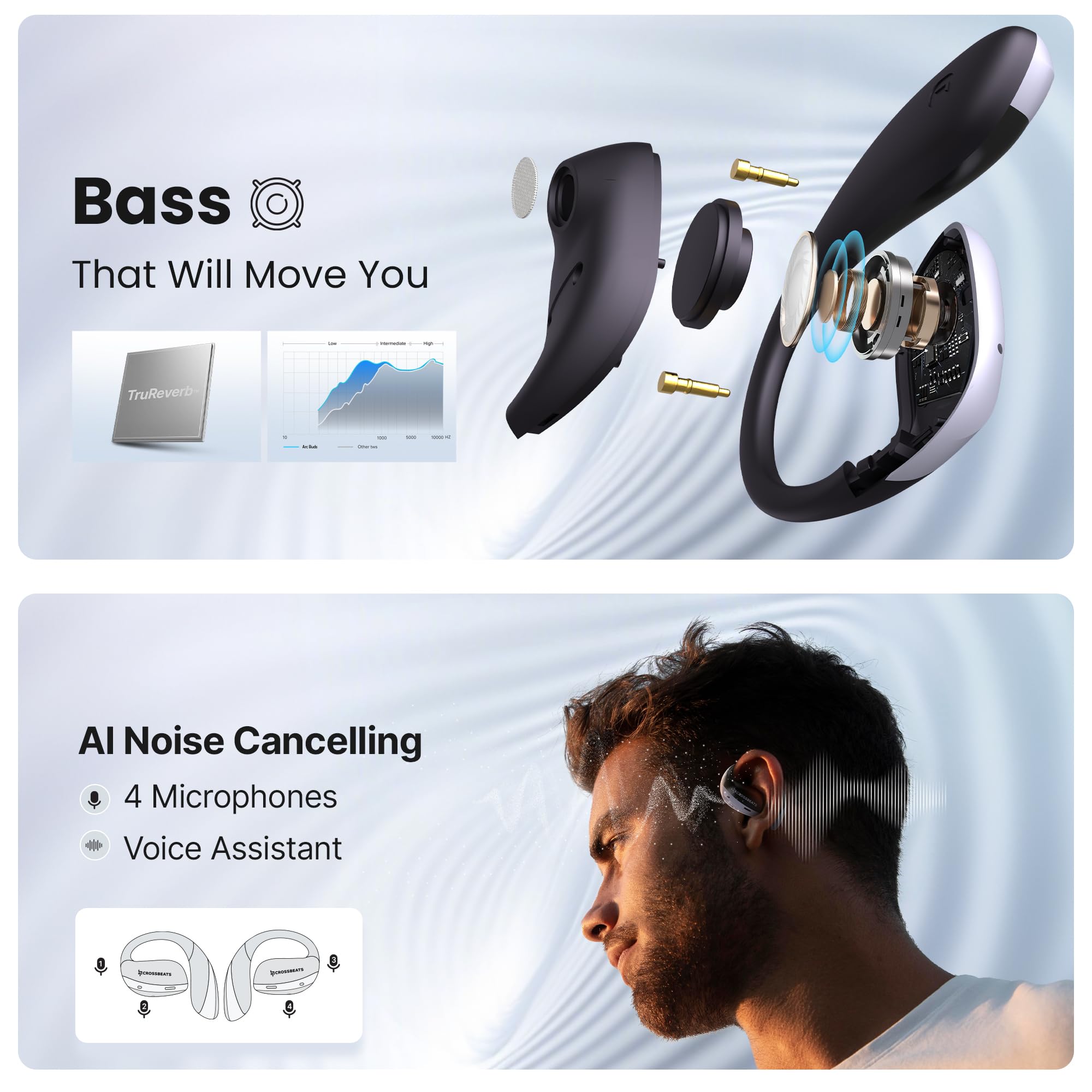 CrossBeats Arc Buds OWS Open Ear Wireless Earbuds | Spatial Audio Headphones & Head Tracking | Gaming Bluetooth Earphones | 100hr Playtime | 14.2mm Drivers IPX5 Rating Type-c Fast Charging (Black)