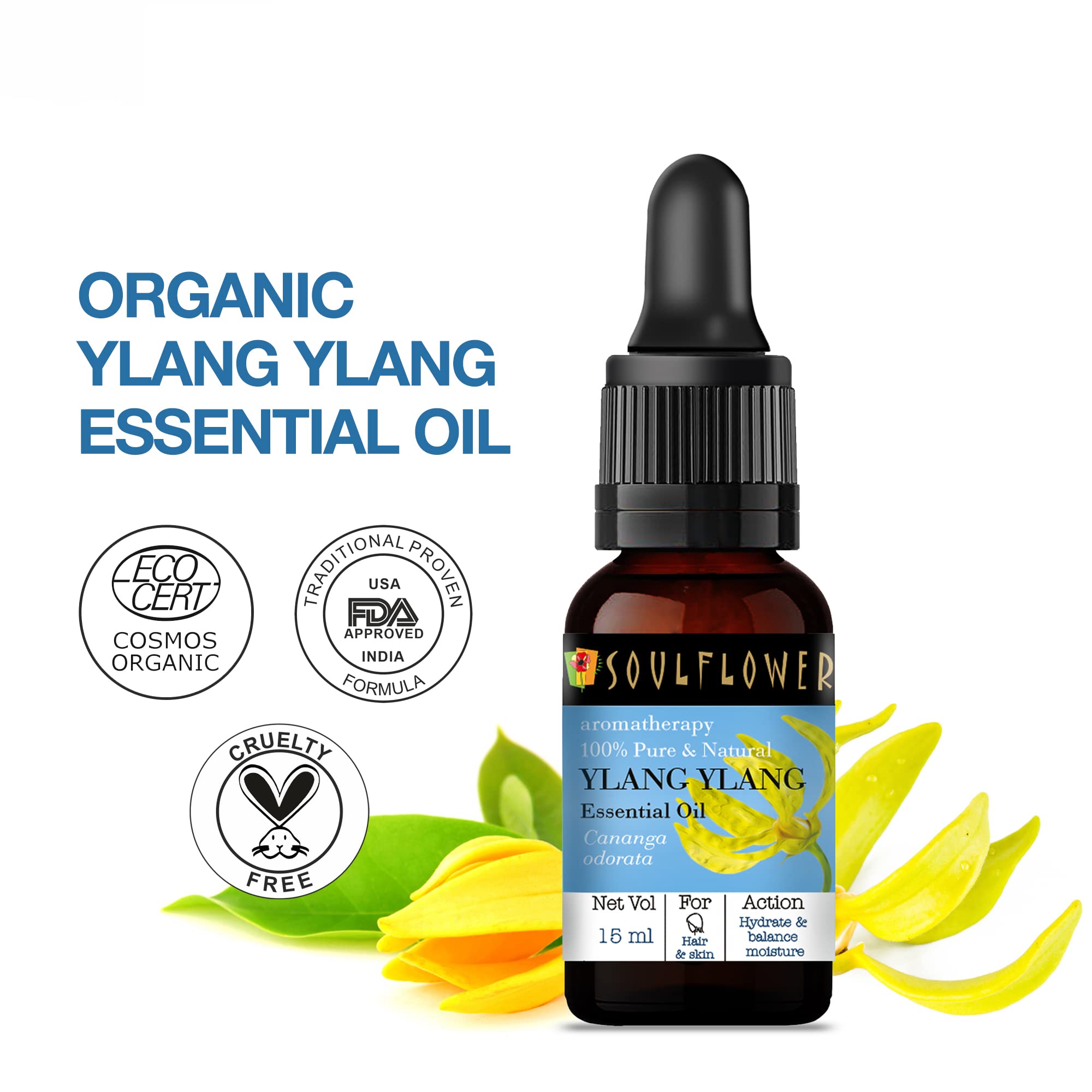 Soulflower Ylang Essential Oil for Strengthen Hair Roots, Control Hair Fall, Skin Moisture, Controls Acne, Aromatherapy - 100% Pure, Natural & Undiluted Premium Essential Oil, 15ml