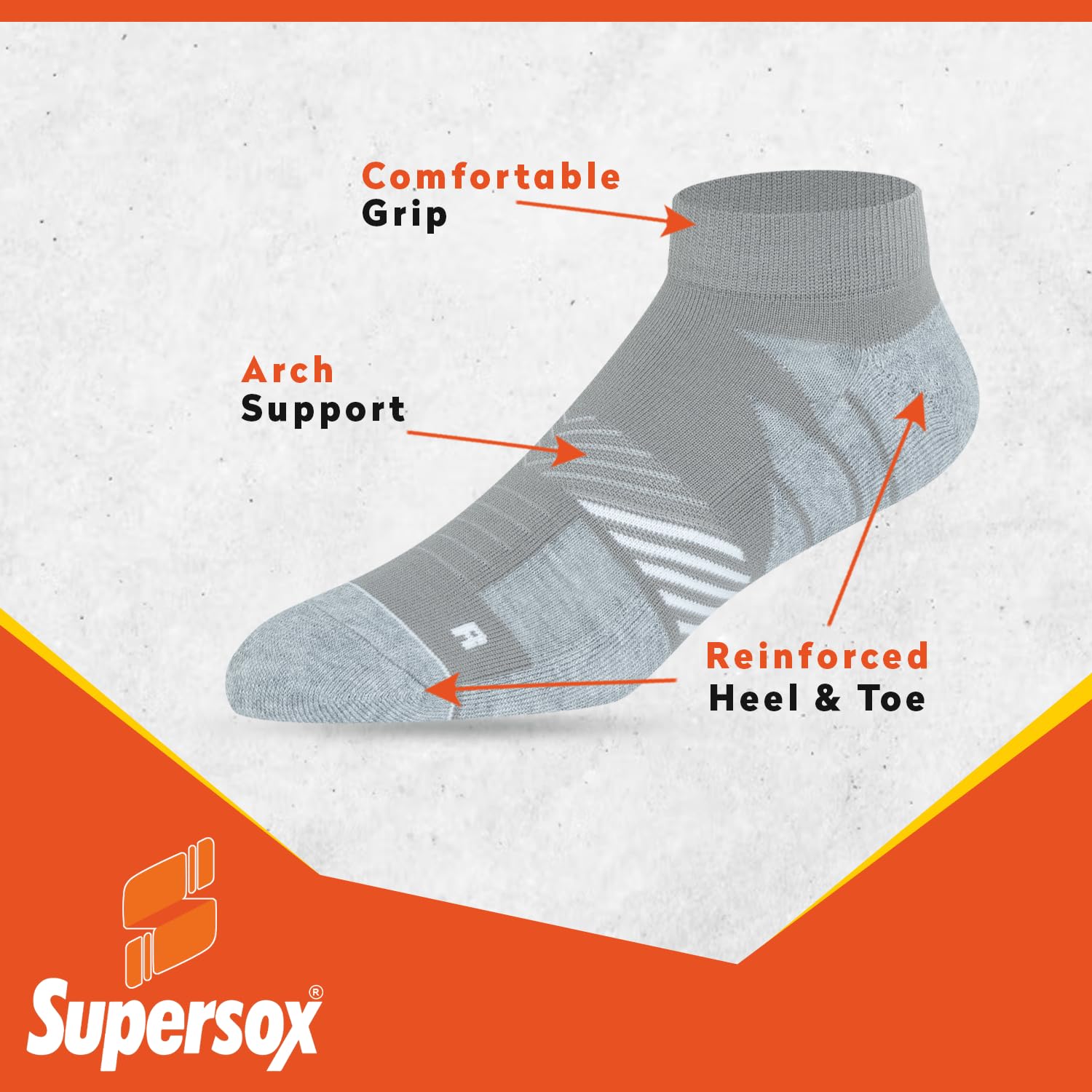 Supersox Ankle Length Performance Sports Socks for Woman | Combed Cotton | Moisture Absorbent & Anti-Odour | Durable Welt for Long-Lasting Comfort | Grey | Pack of 3