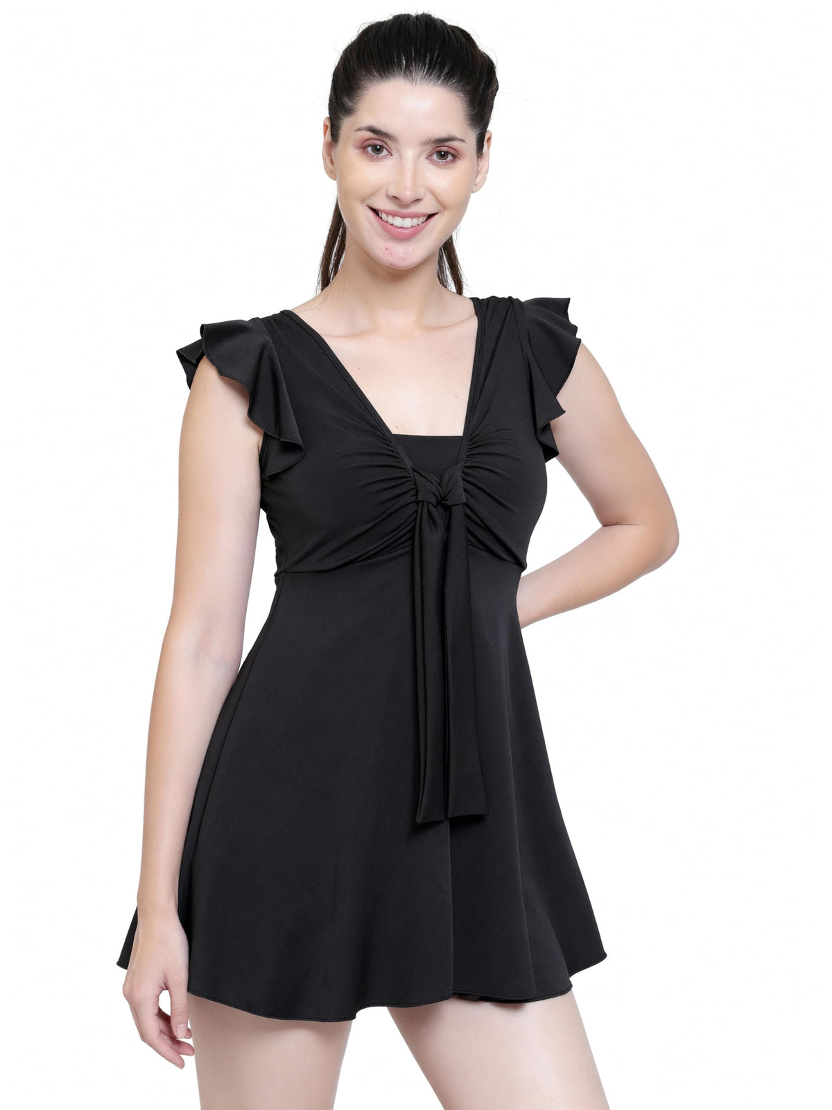 Women Front Tie Knot Ruched Frock Style Padded One Piece Swimming Costume