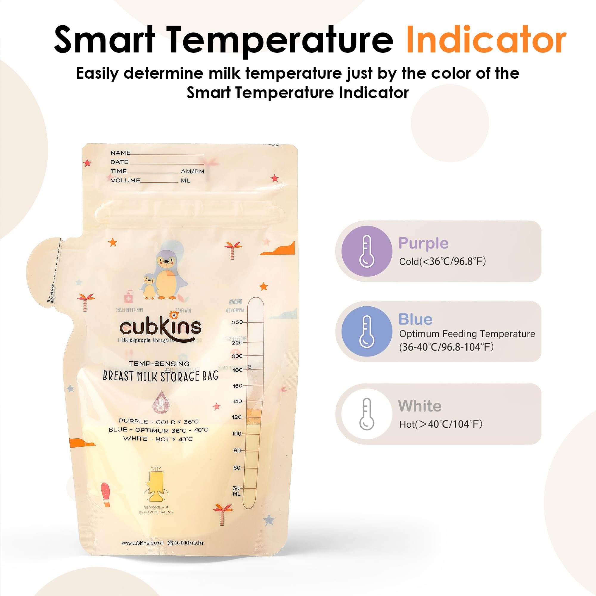 CUBKINS Breast Milk Storage Bags (Pack of 25) | Pre-Sterilized | Smart Temp Sensor | BPA Free | Single Use | Leak Proof Double Zip | Separate Fill & Pour Spouts | 250 ml Capacity | Marker Included