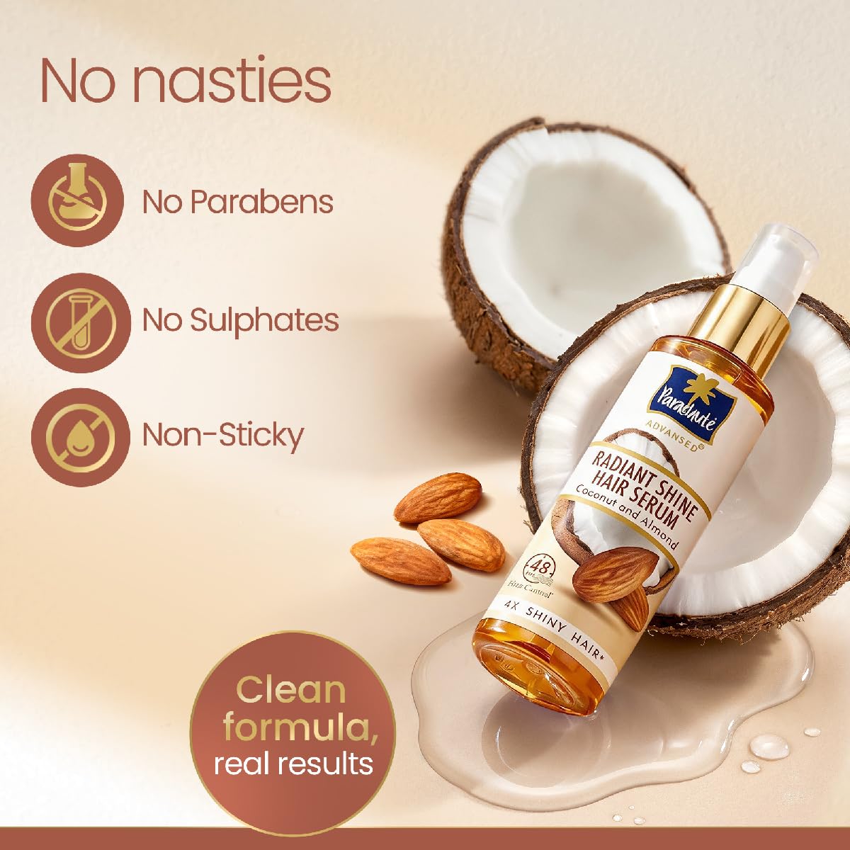 Parachute Advansed Radiant Shine Hair Serum | Coconut & Almond | 48 Hr Frizz Control | 4X Shiny Hair | 100ml