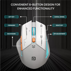 Portronics Vader Max Wireless Rechargeable Mouse, Thumb Support, Bluetooth 5.3 & 2.4 GHz Dual Mode, 6-Button Control, Adjustable DPI Up to 2400,Universal Compatibility for Laptop,Desktop,Gaming(Grey)
