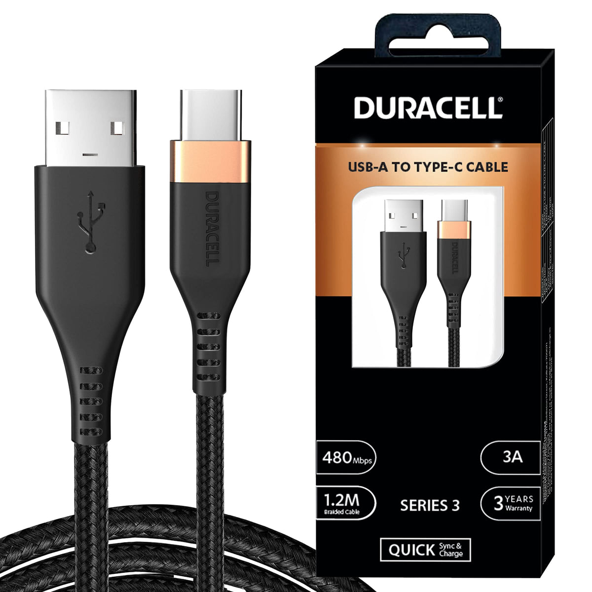 Duracell Usb Type C, 3A Braided Sync & Fast Charging Cable, 3.9 Feet (1.2M), Qc 2.0/3.0 Ultra Fast Charging, Seamless Data Transmission, Series 3, Black - Wireless Accessory from Duracell - Shop in Sri Lanka at Arcade.lk