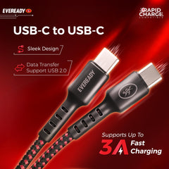 Eveready Nylon Braided Charging Cable, Type-C to Type-C 3A, 1.5m Universally Compatible Premium Braided Cable with Data Transfer, USB 2.0 Compatibility, Tangle-Free Flexible Design with Bend Protector