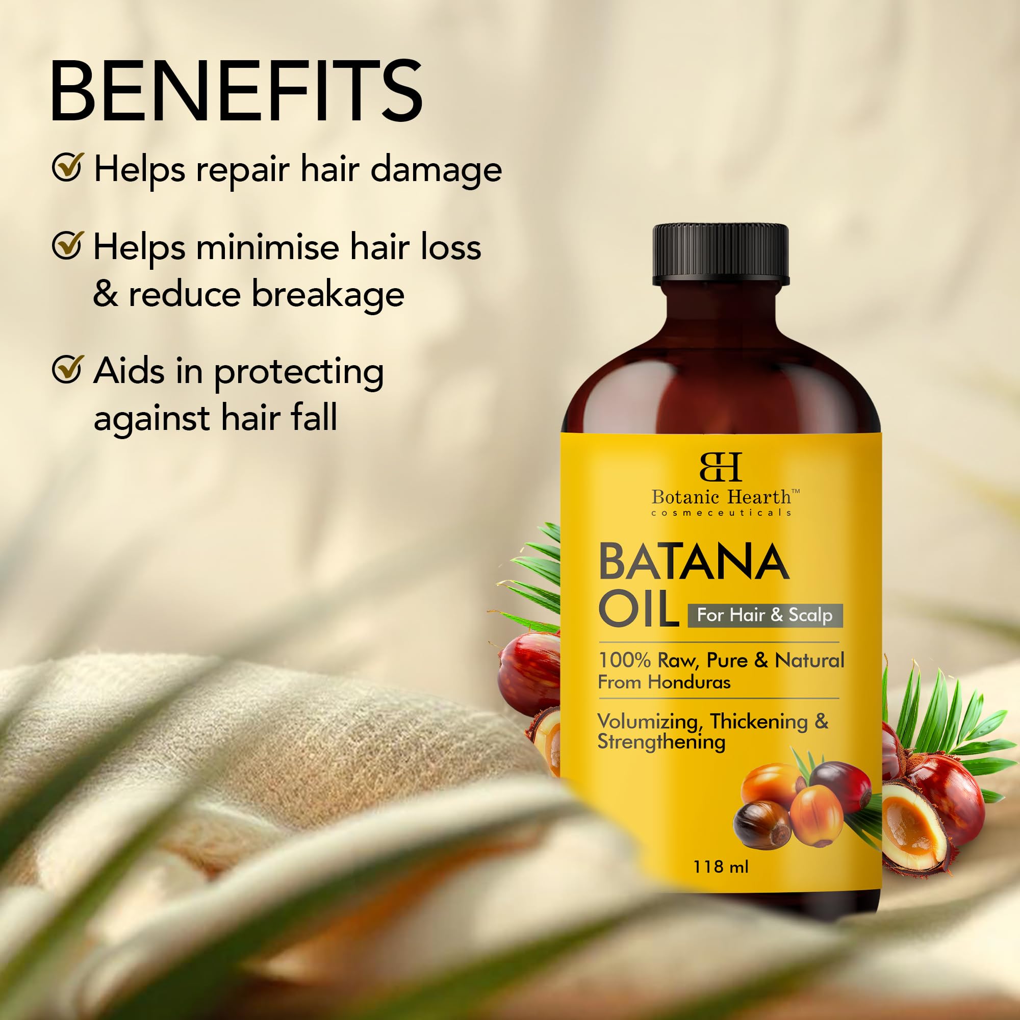 Botanic Hearth Raw Batana Oil for Hair Growth | 100% Pure & Unrefined | For Thicker, Stronger Hair - 118 ml | Glammy.lk