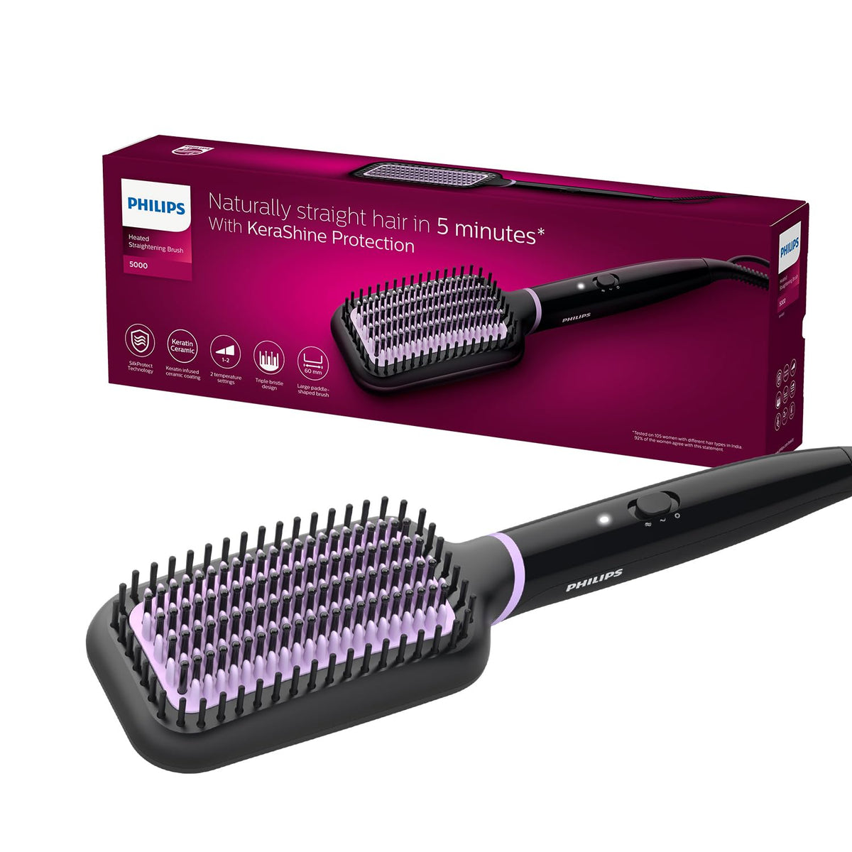PHILIPS Hair Straightener Brush - 5X Better Frizz Free Hair In 5Min I Style With 2X More Volume|Shiny And Smooth Hair I No Scalp Burns I Keratin Bristles I 2 Temperature Settings|Bhh880/10,Black