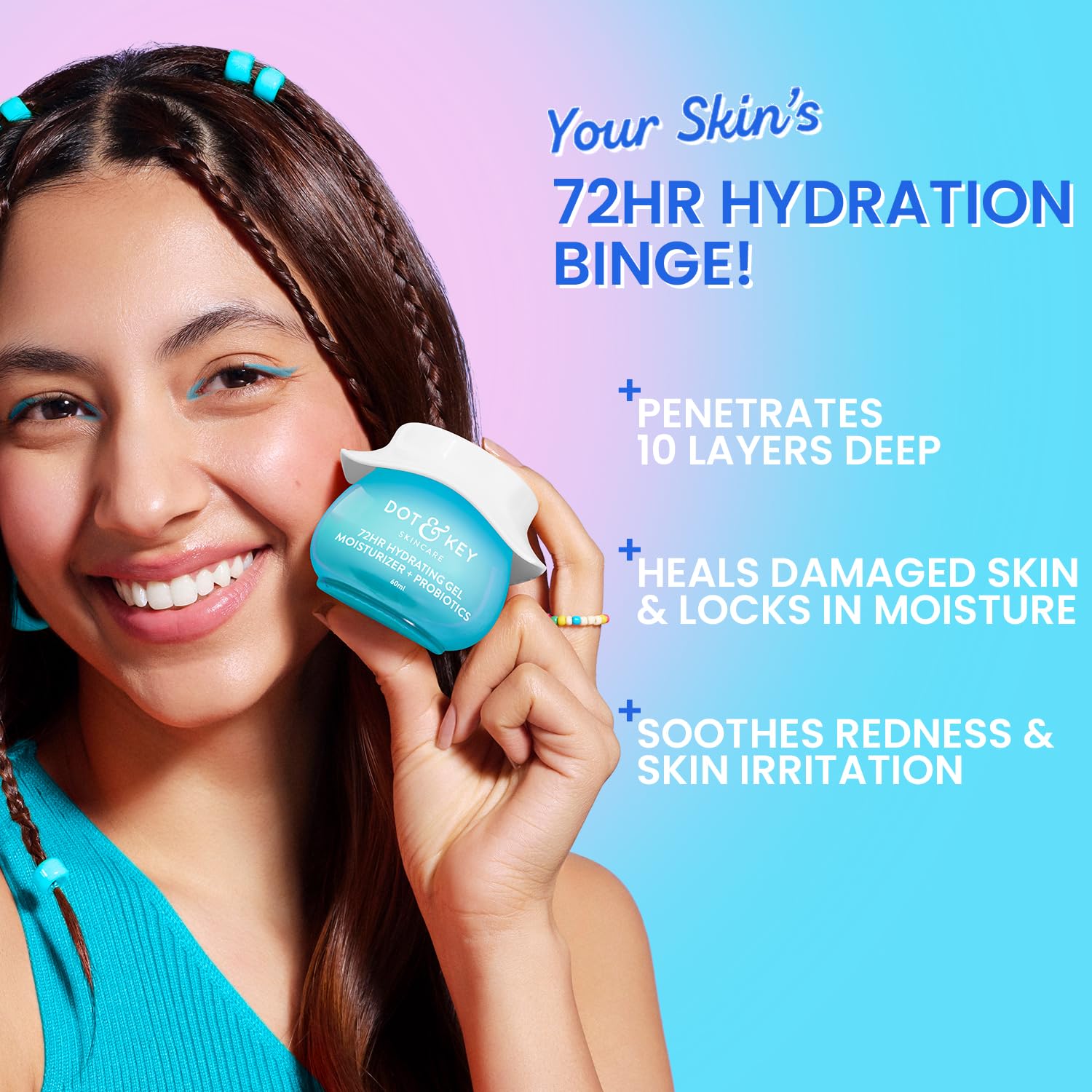 DOT & KEY 72Hr Hydrating Gel + Probiotics Moisturizer For Face With Hyaluronic Acid, Kombucha & Rice Water Lightweight Gel Oil Free Moisturizer | For Oily, Dull & Uneven Skin Tone | 60Ml