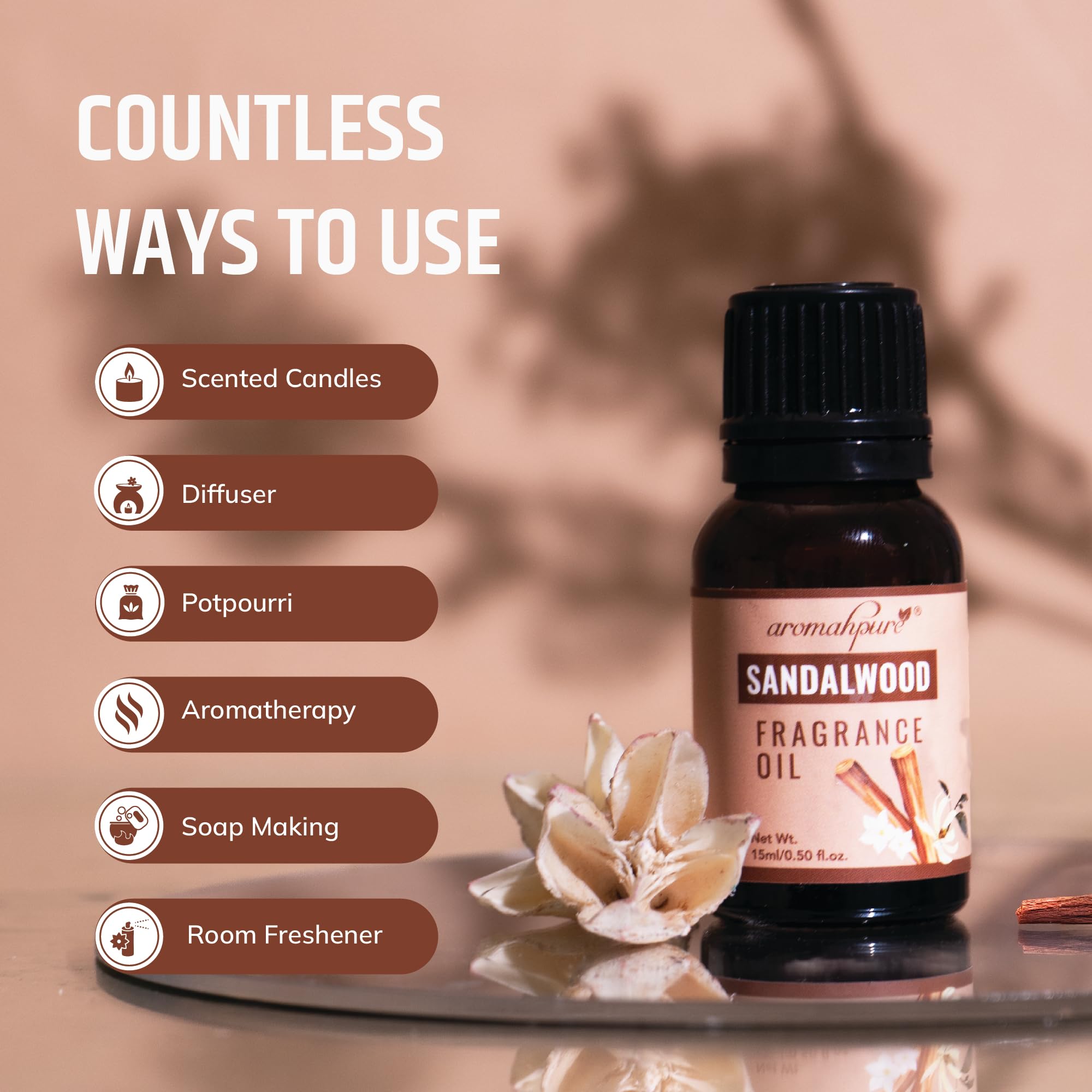 Aromahpure Fragrance Oil | 15 ml | Sandalwood Aroma Oil for Home Fragrance | Best for Aromatherapy | Helps in meditation | Used in Diffusers, Candles, Air Fresheners, Soaps,IFRA certified
