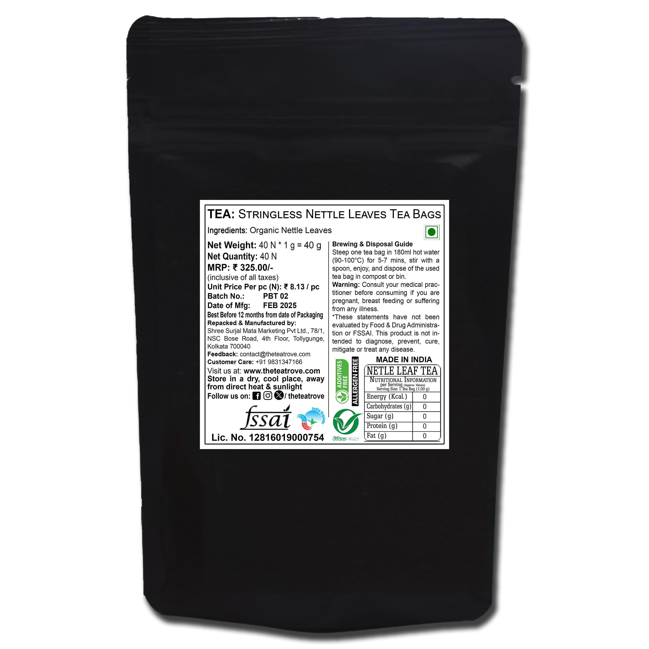 the tea trove Organic Nettle Leaf Tea Bags - 40 Eco-Friendly Stinging Nettle Tea Bags In Resealable Pouch For Everyday Wellness, Caffeine Free | Pack Of 1, 40 grams