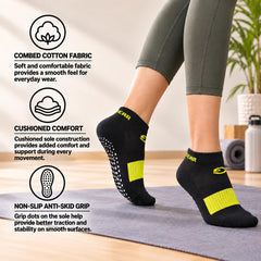 SuperGear Yoga Sports Socks for Women | Combed Cotton | Cushioned Comfort | Non-Slip Anti-Skid Grip | Ideal for Yoga, Exercise, Gym & Walking | Multicolour | Free Size | Pack of 3