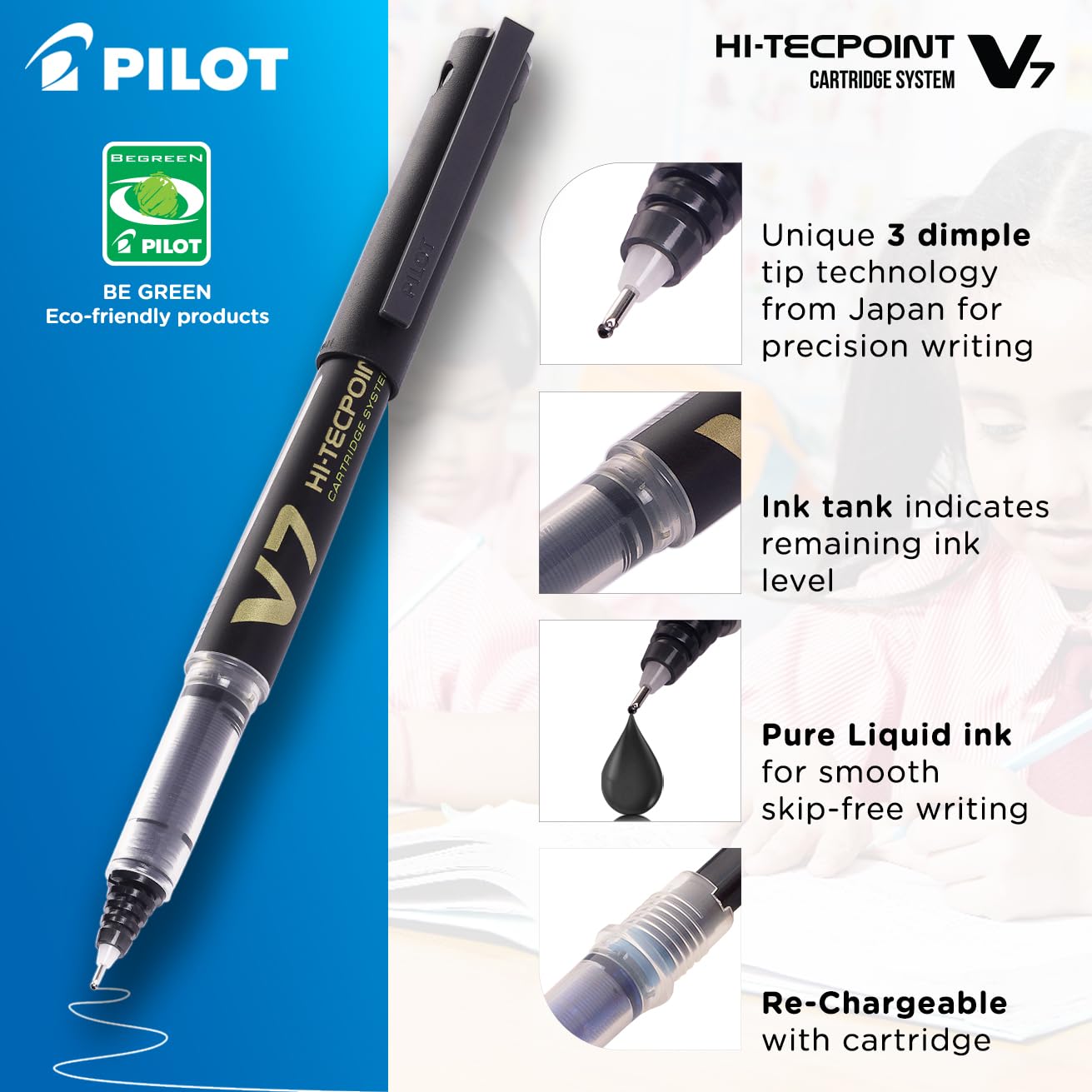 Pilot V7 Hi-Tecpoint Roller Ball Pen with Cartridge System - 2 Black Pens, 4 Black Cartridges, (9000021856)