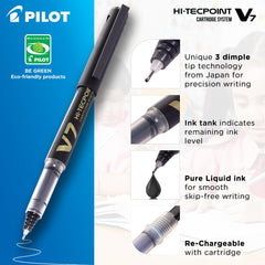 Pilot V7 Hi-Tecpoint Roller Ball Pen with Cartridge System - 2 Black Pens, 4 Black Cartridges, (9000021856)