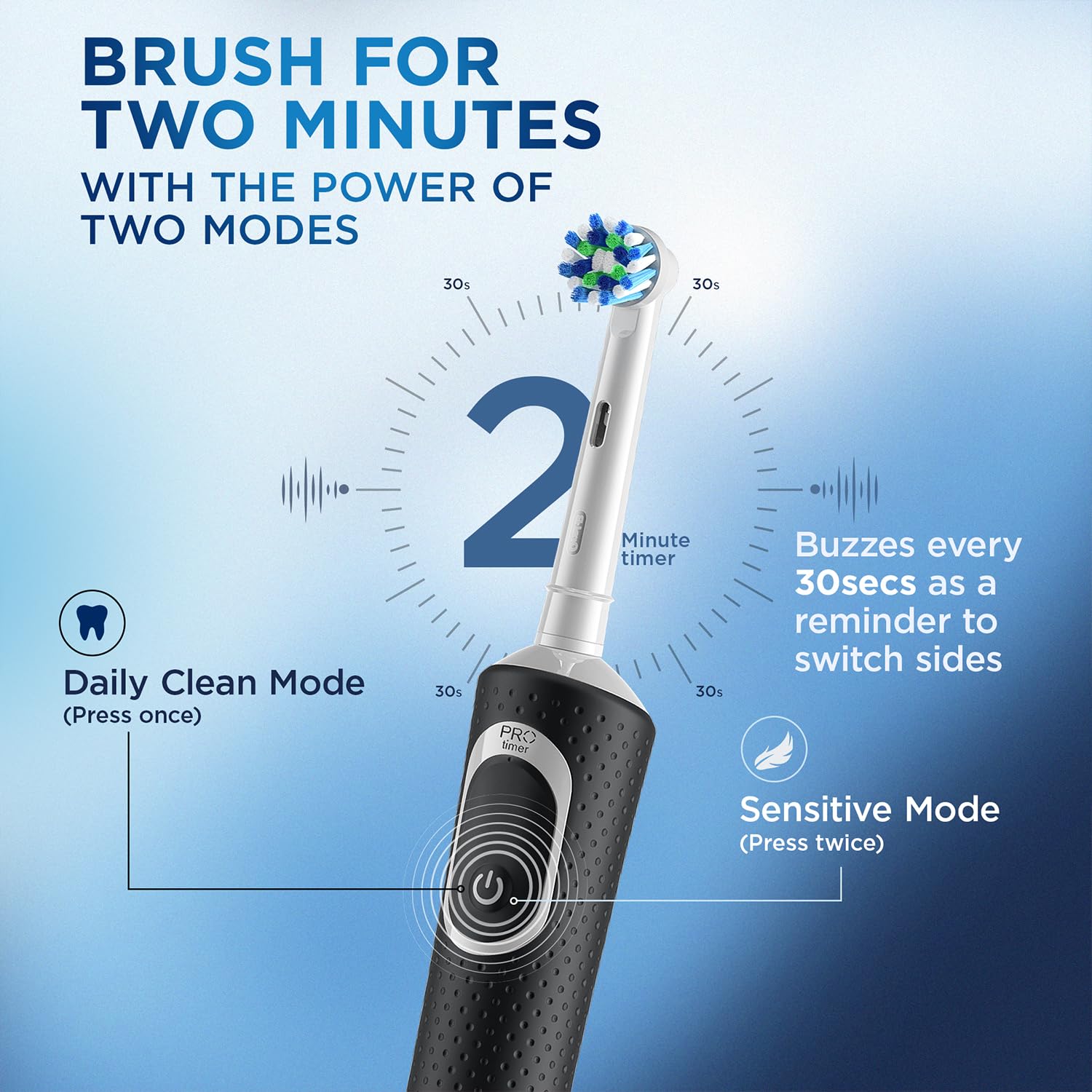 Oral-B Vitality Rechargeable Rotating Electric Toothbrush for Adults | 2 Brushing Modes (Daily & Sensitive) | 2-Min Timer with Quadpacer | IPX7 Water Resistant | Round Brush Head (Black)